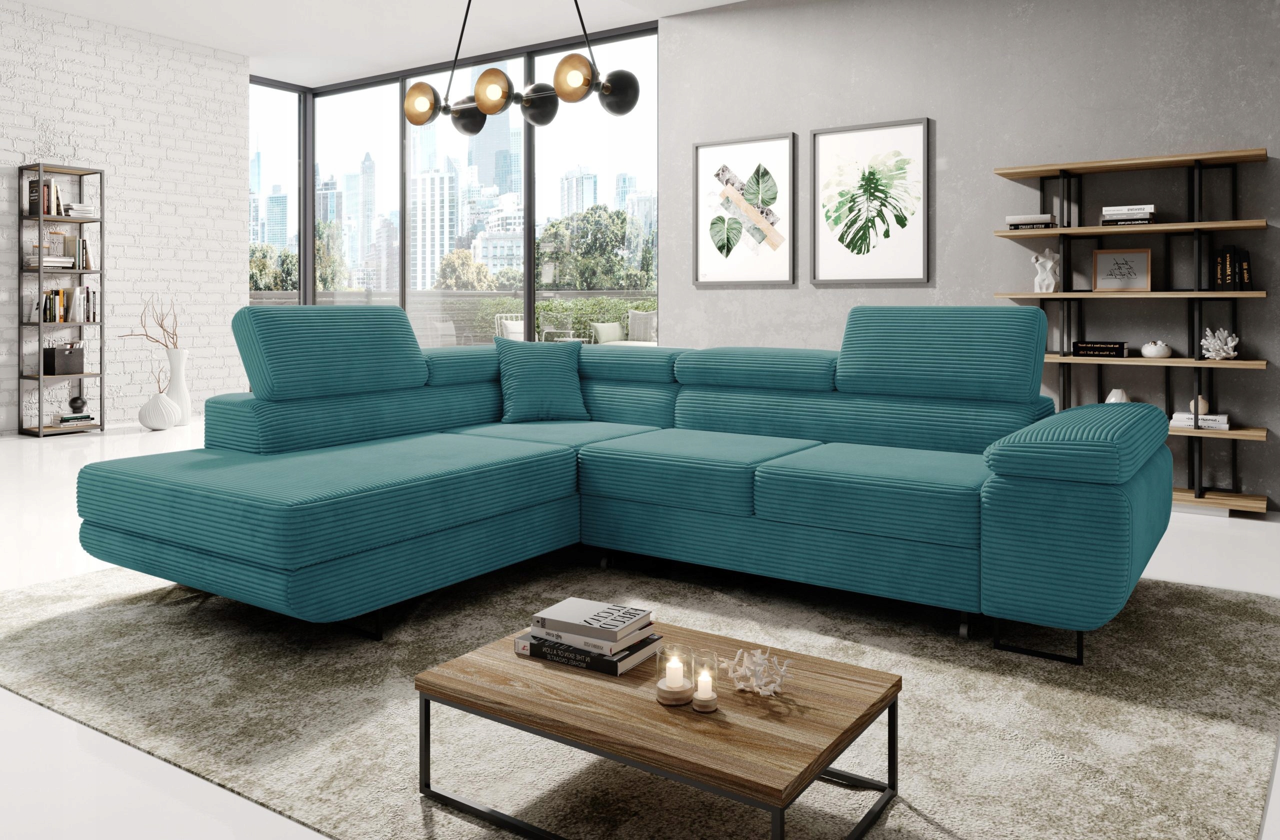 Manšestrový rohová sedací souprava tyrkysový Astorp levostranný s opěrkami hlavy.