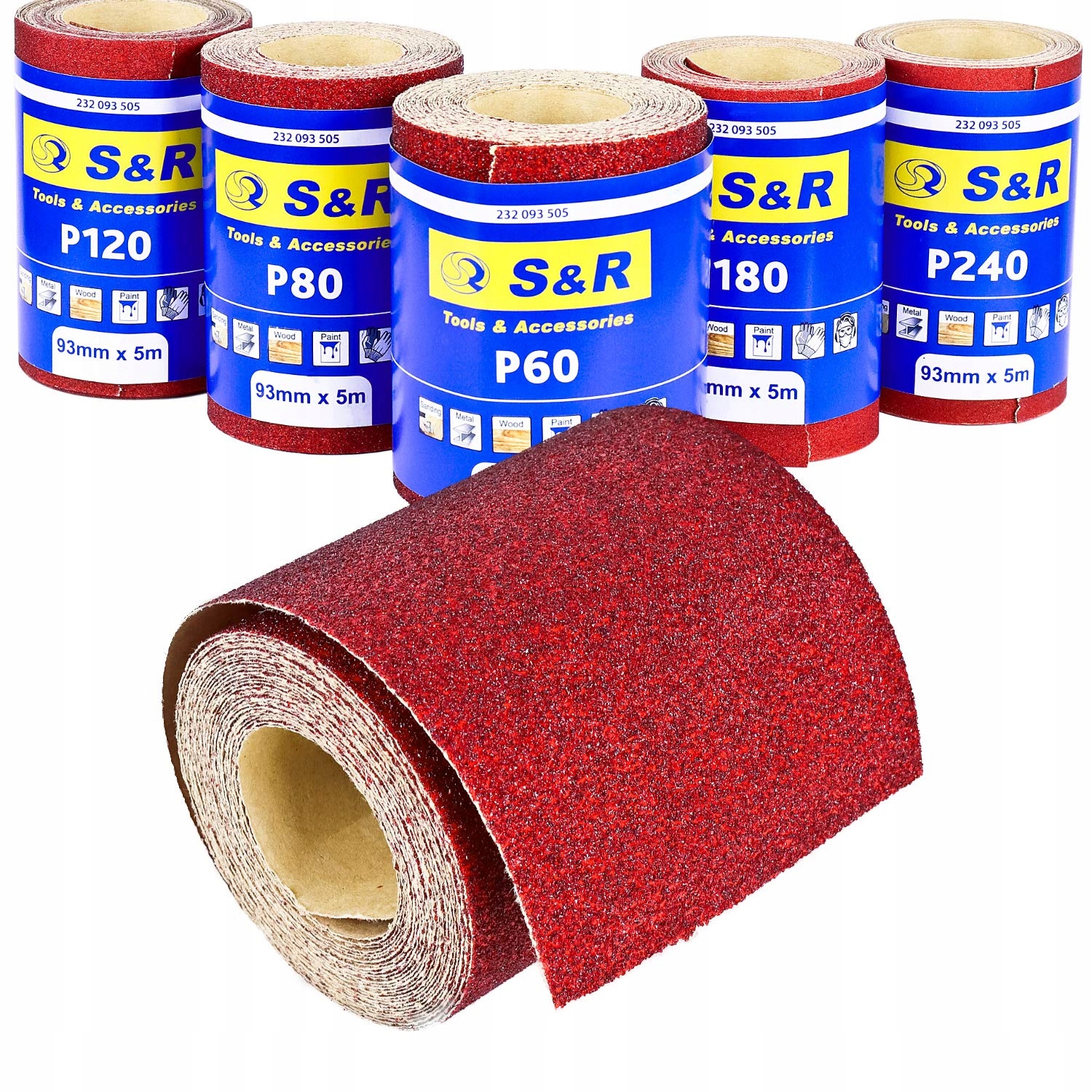 Papier ścierny rolka 93mm. x5m. zestaw S&r 5 szt P60, P80, P120, P180, P240