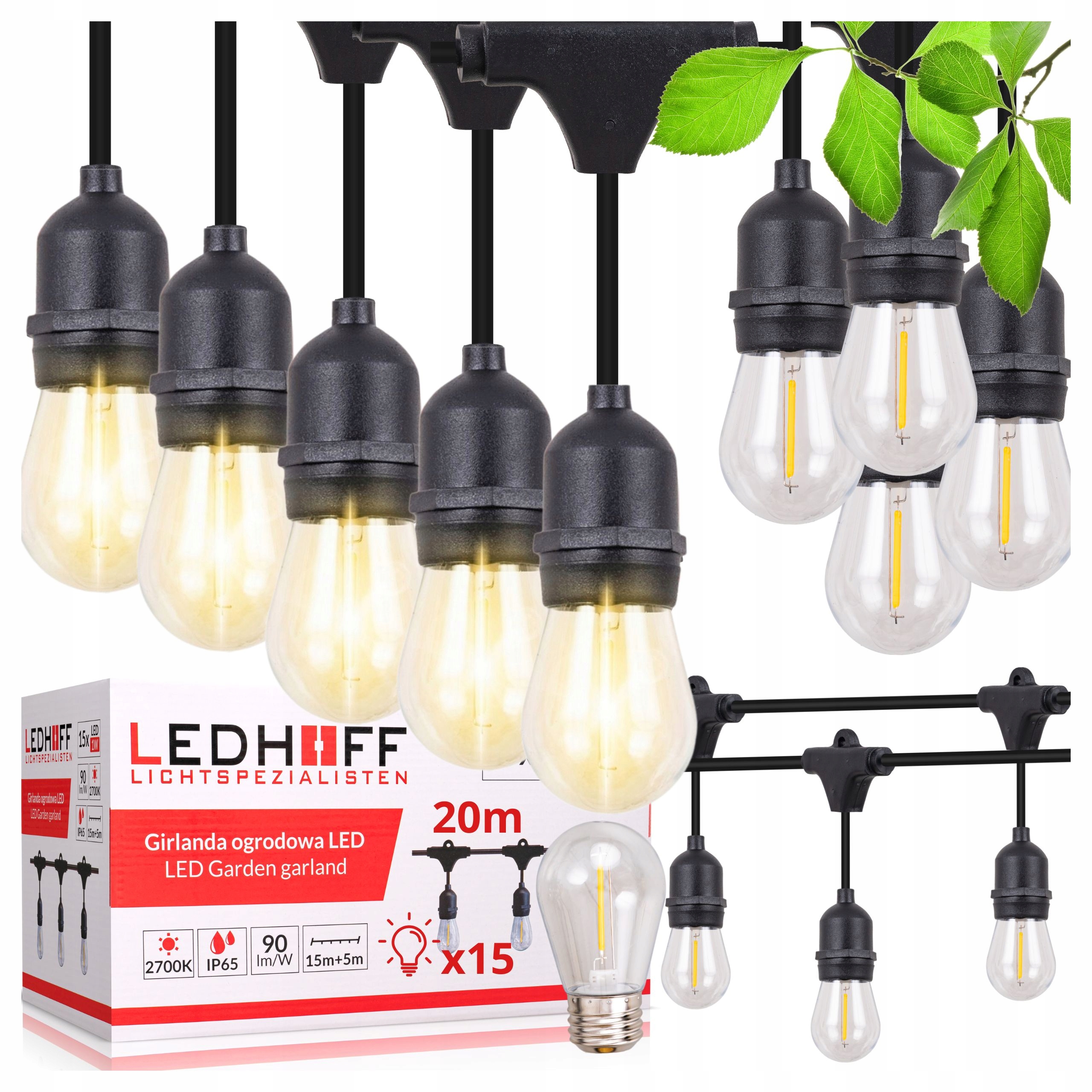 Zahradní girlanda Světelná 20 m 15 x Led žárovka E27 kabel Vodotěsná