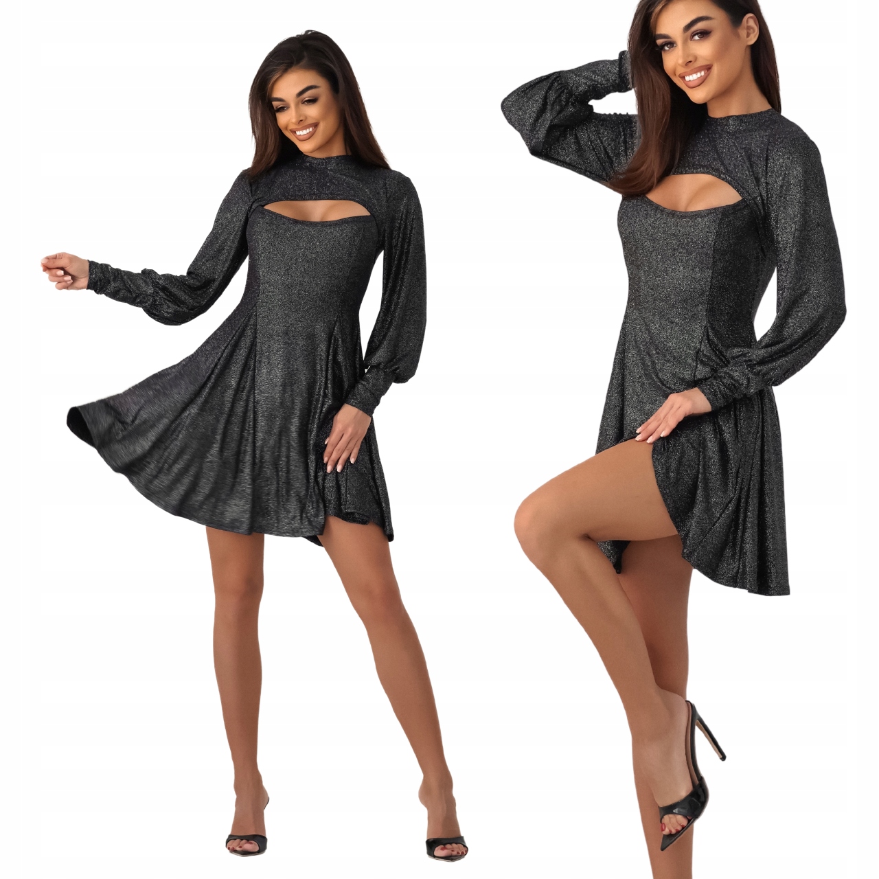 Černé Koktejlové Šaty na Silvestra Se Třpytkami Společenské S80 M/L