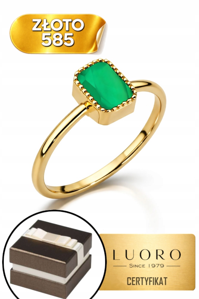 Prstýnek 585 14K Zelený Achát Obdélník Elegantní R20