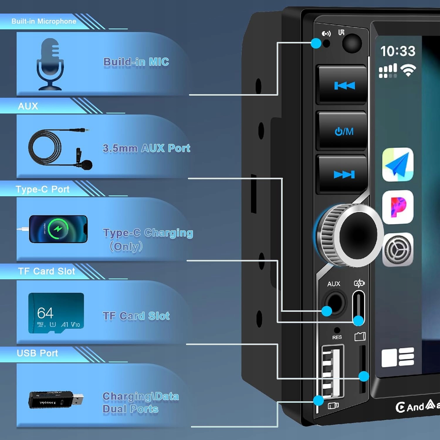 7palcový bezdrátový automobilový stereo systém Apple CarPlay Double Din