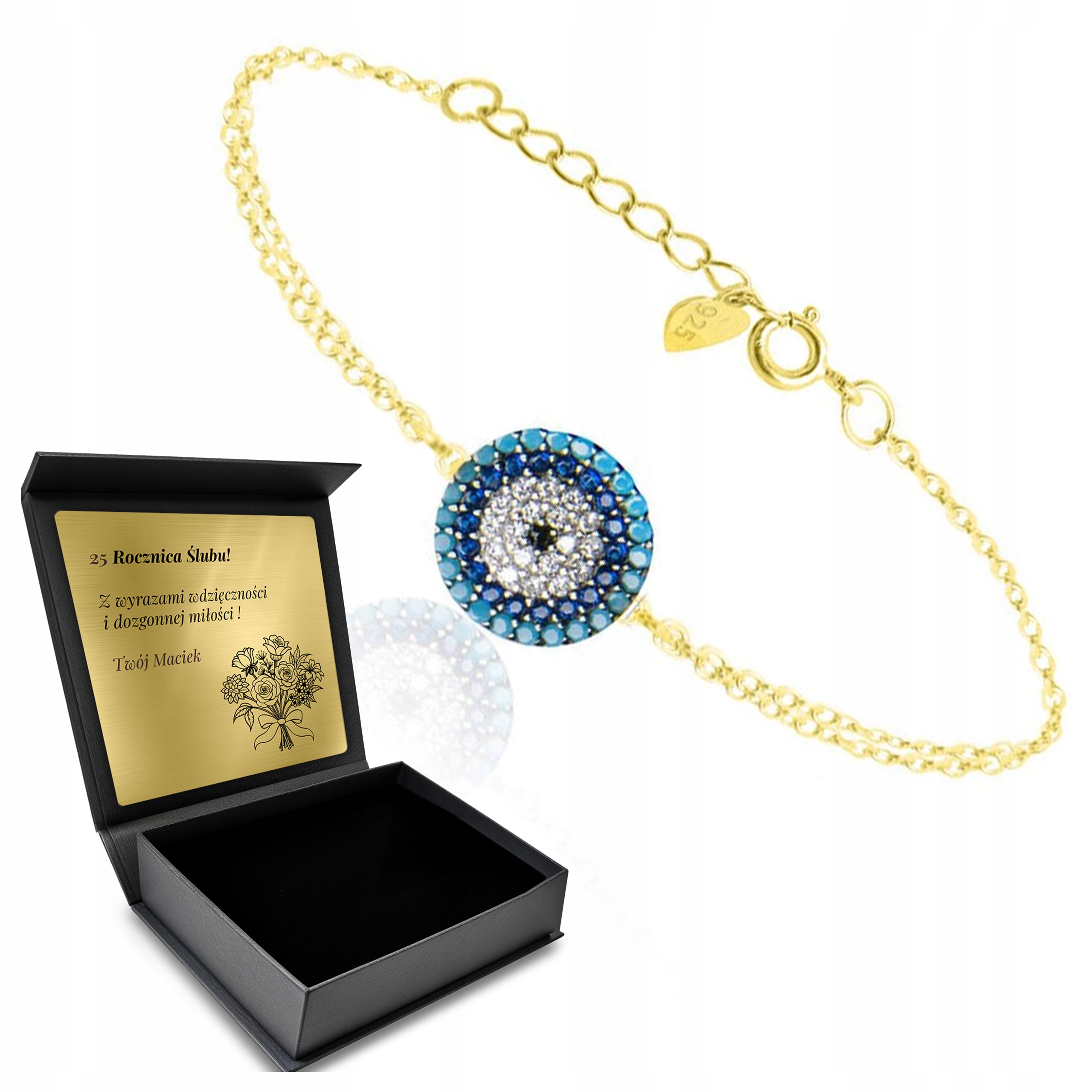 Stříbrný náramek Pozlacené oko proroka Turecký talisman Gravírování Bonus