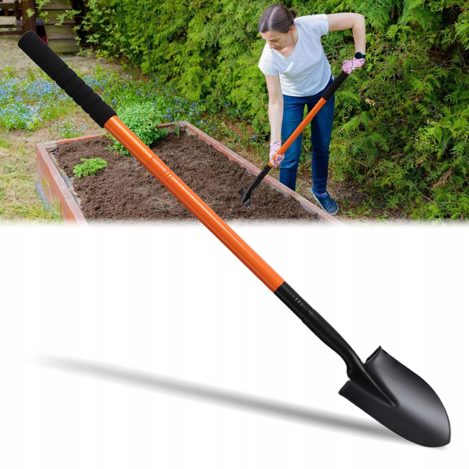 Orange Odolná kovová zahradní lopata 110 cm pro kopání a kempování