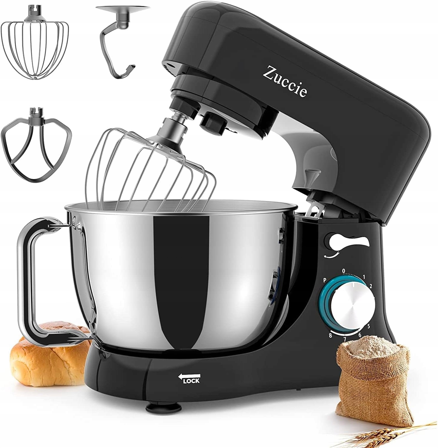 Kuchyňský robot na hnětení, mísa z oceli 4,8 l, 3 nástroje Zuccie, černá