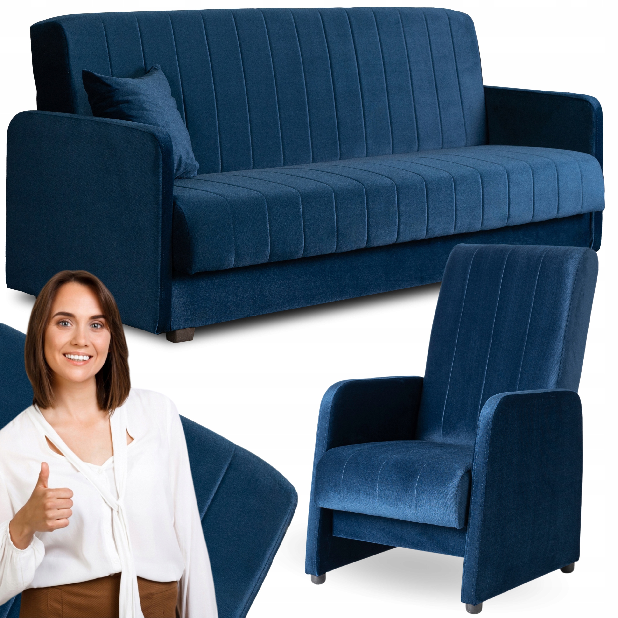 Sada nábytku Versailles Rozkládací pohovka Tmavě modrá a Křeslo Tmavě modrá Porto