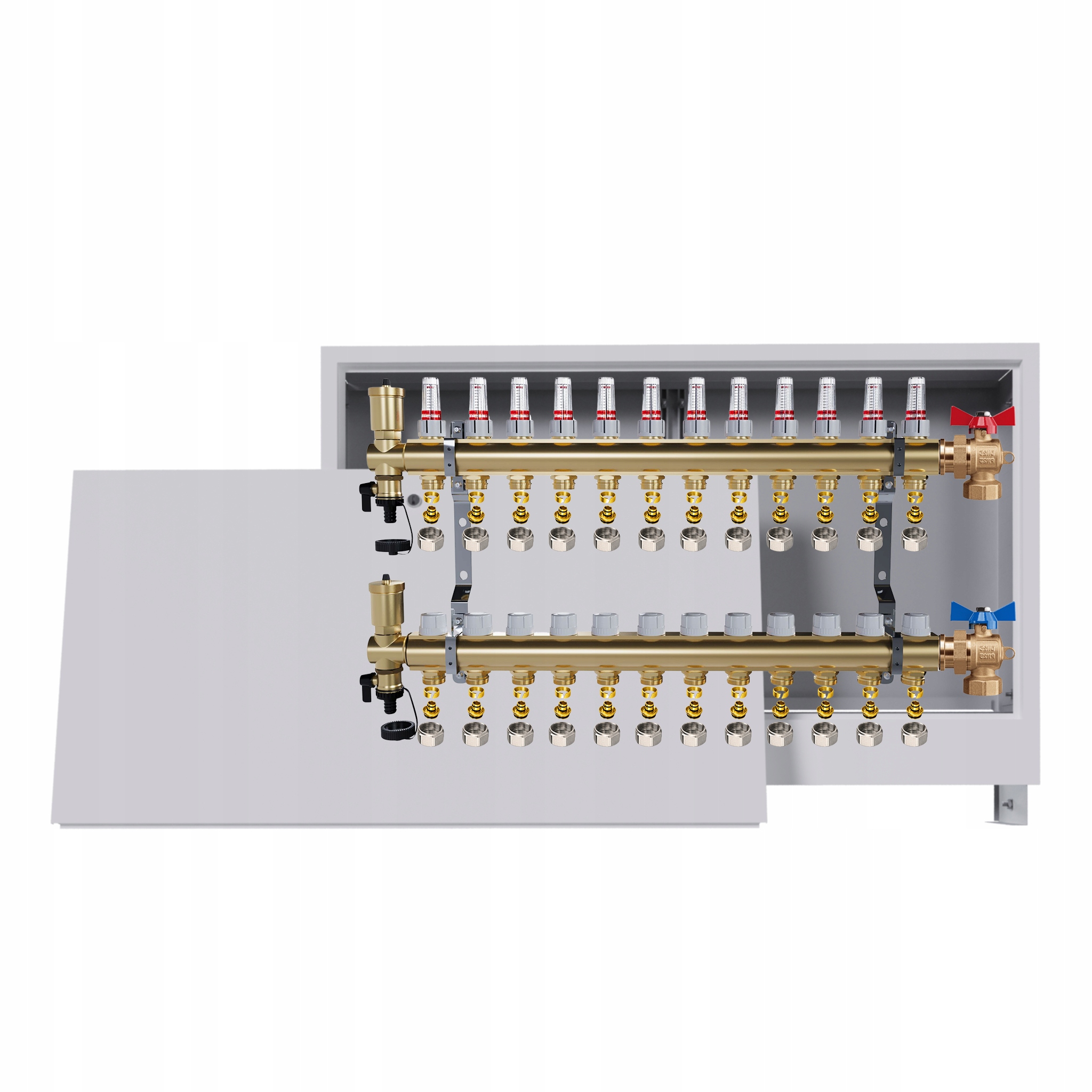 Rozdělovač podlahových krytin mosazný 12 obvodů Podomítková skříň ventily Pex