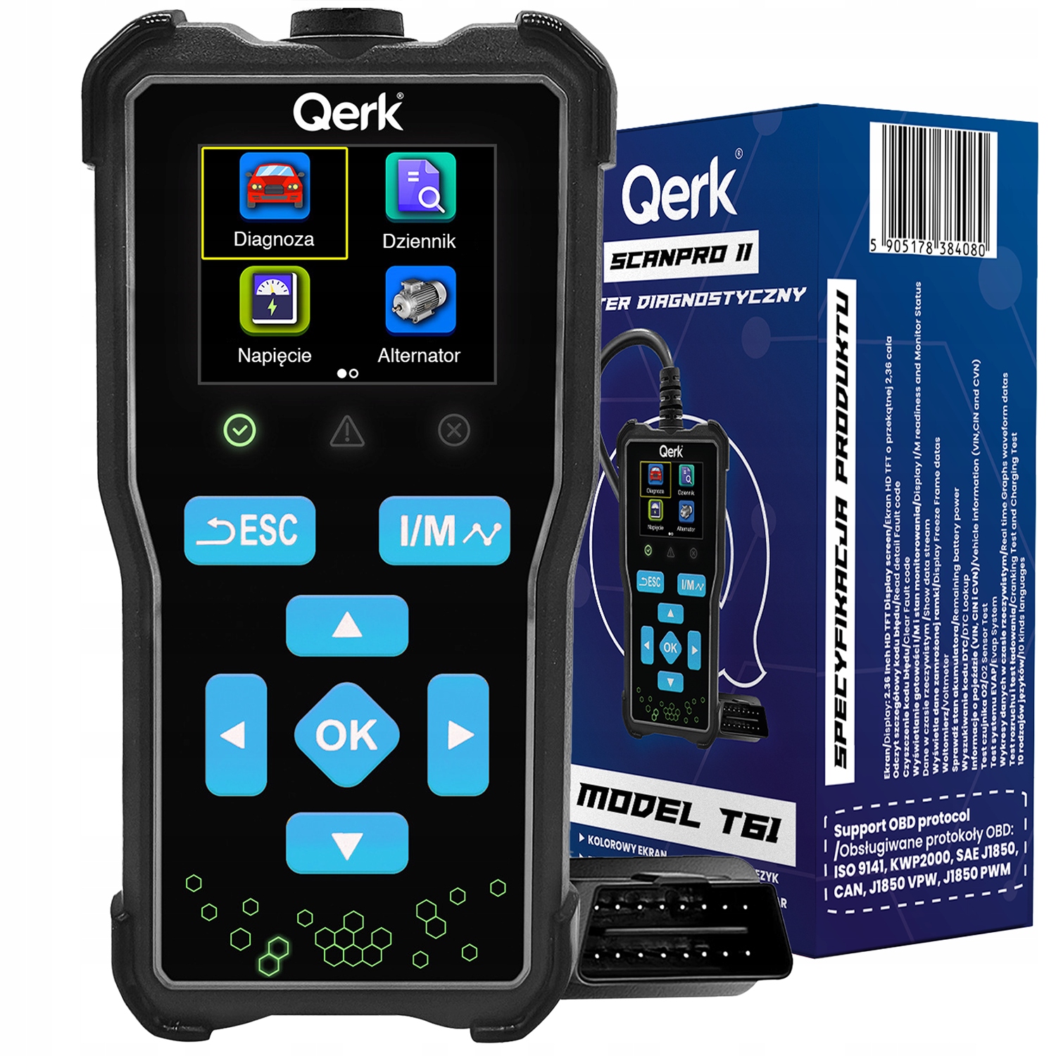Tester Diagnostyczny OBD2 Polskie Menu Skaner Błędów Samochodowy Qerk T61