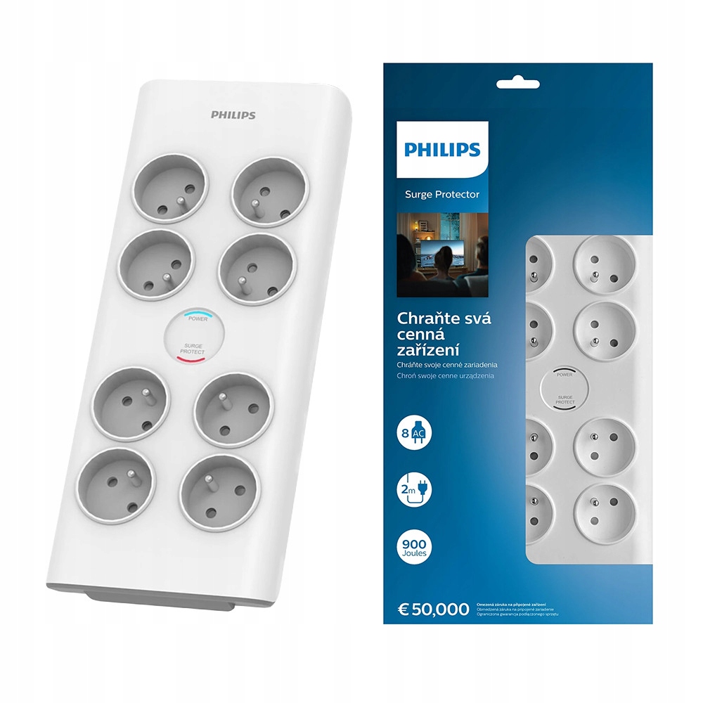 Przedłużacz sieciowy Philips listwa zasilająca 8 gniazd 2M biała 16A
