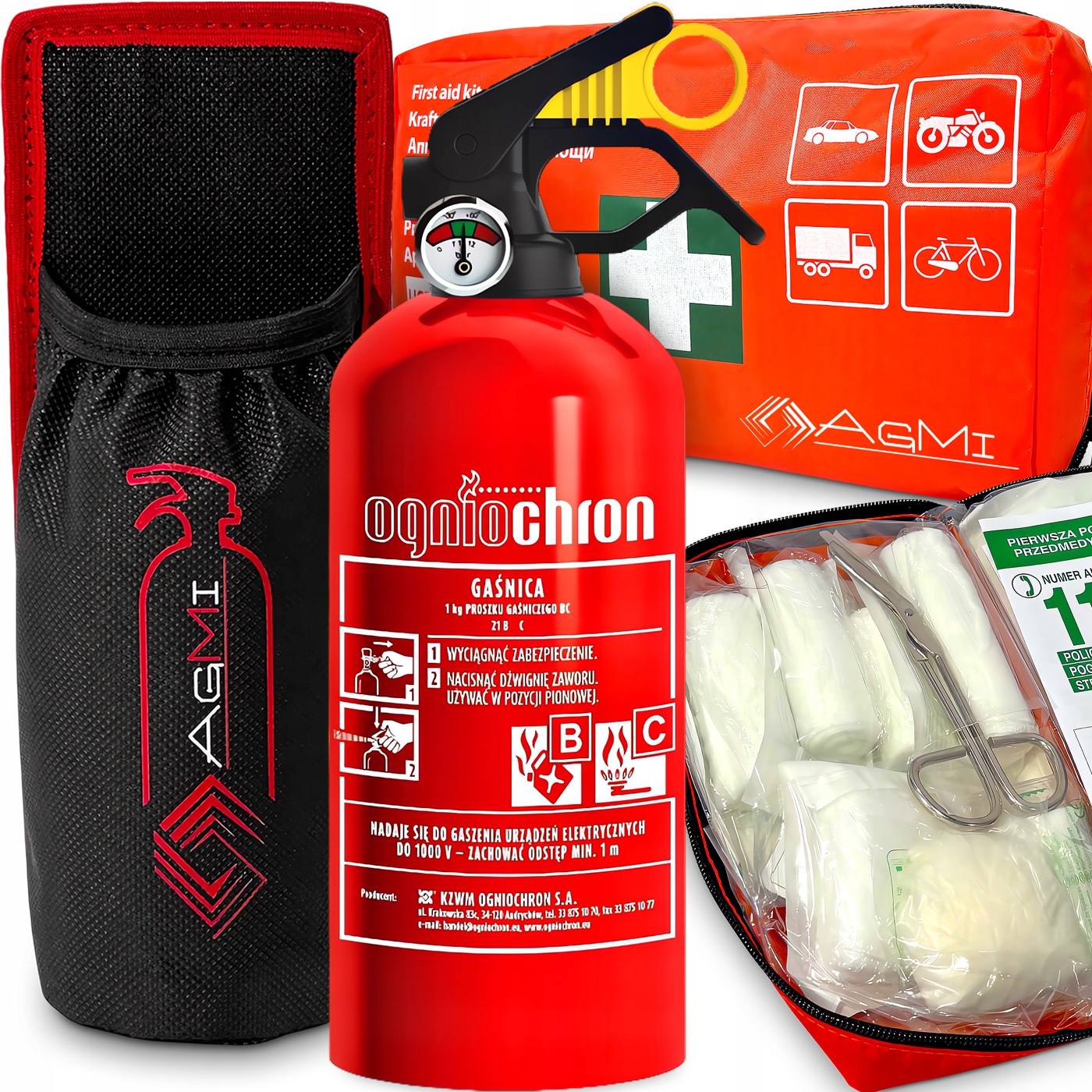 Práškový hasiaci prístroj Abc Manometer 1 kg Držiak na hasiaci prístroj Repík Lekárnička Sada
