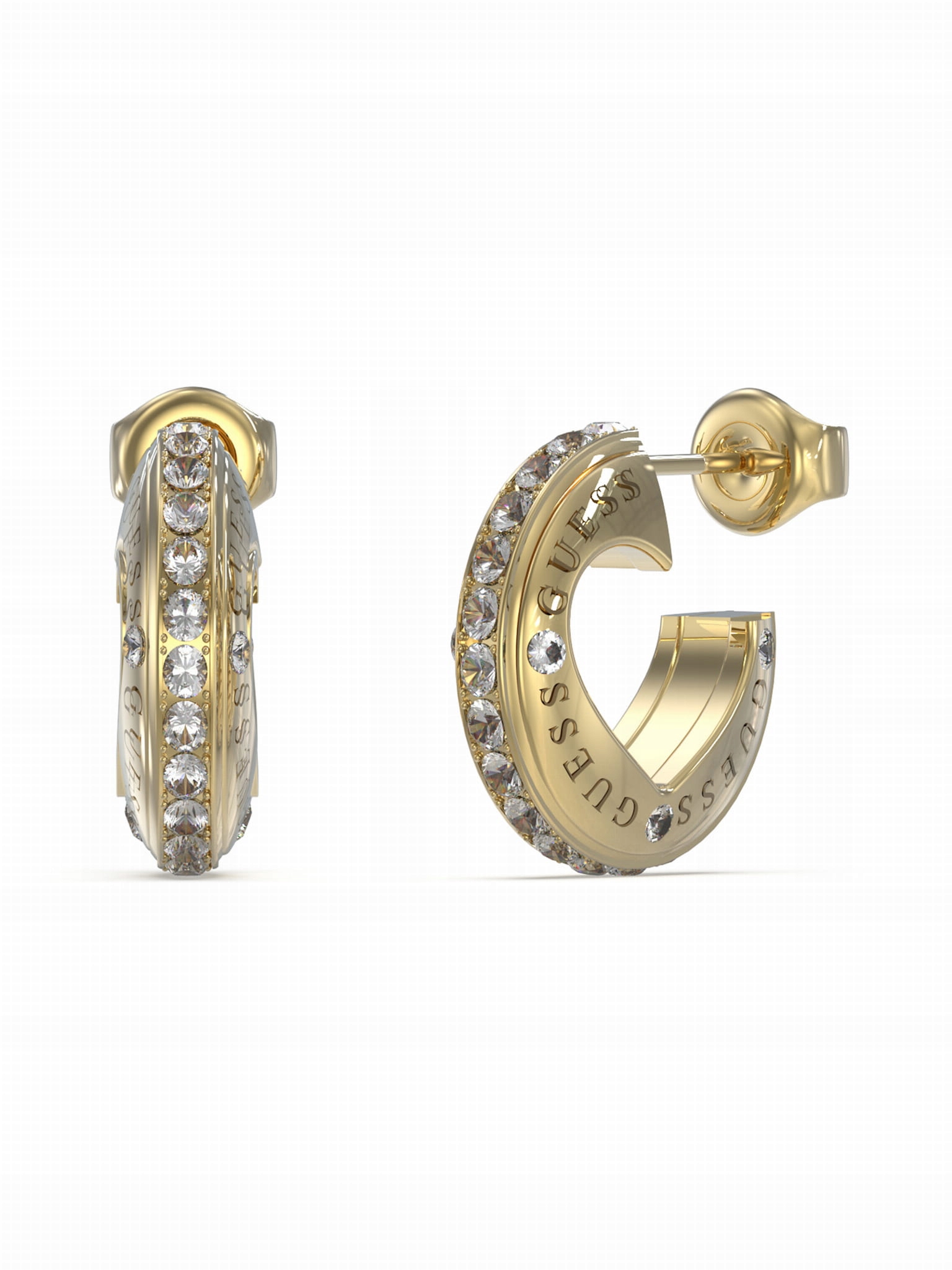 Náušnice Guess Rooling Hearts Tlusté kolečka Zirkon Ocel pozlacená Logo