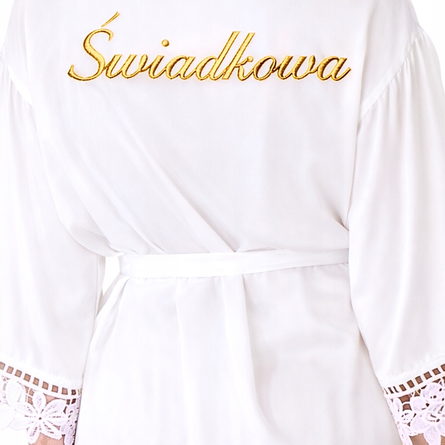 Elegantní saténový svatební župan s krajkou a zlatou výšivkou M