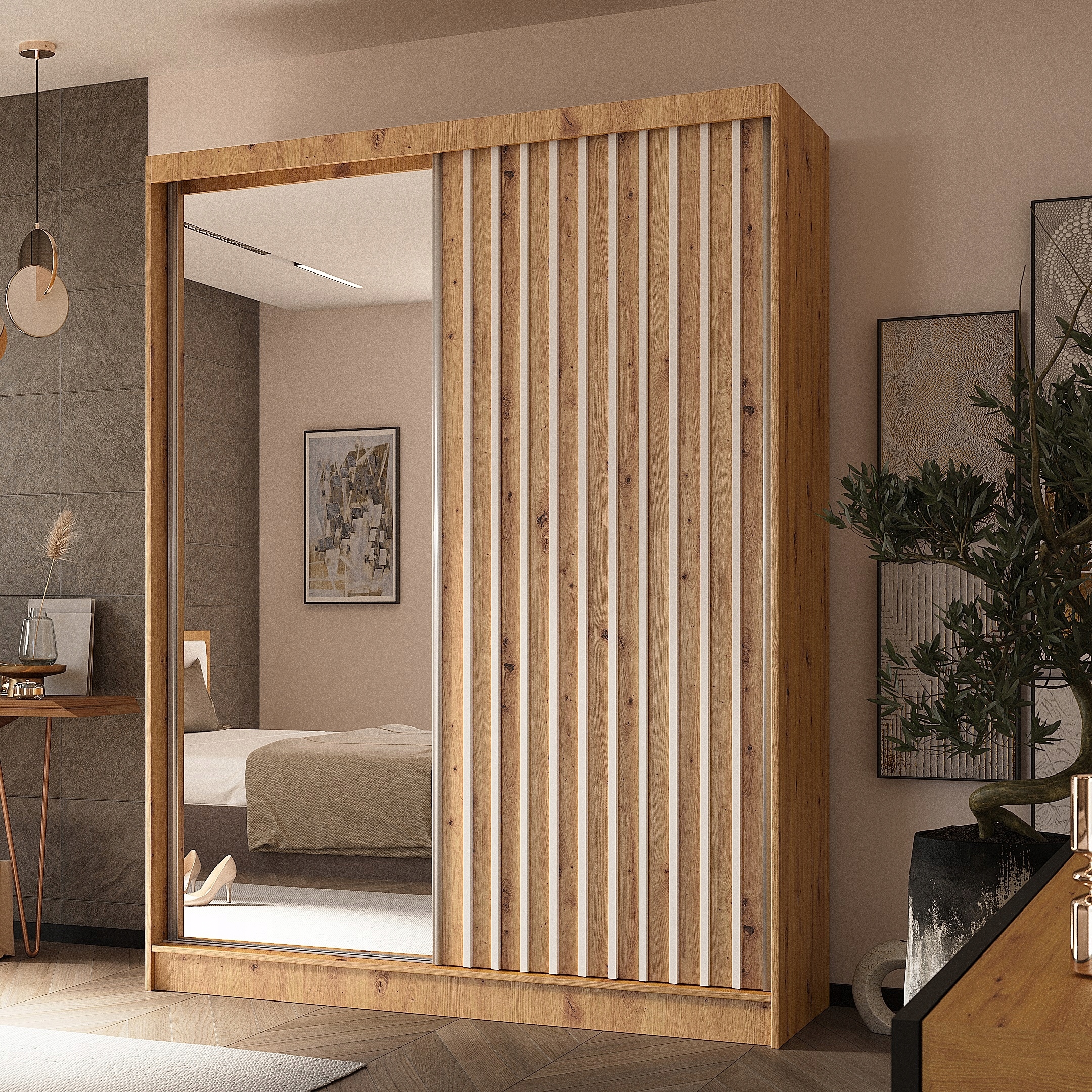 Skříň Lamello 160 cm Skříň se zrcadlem Posuvná dub artisan