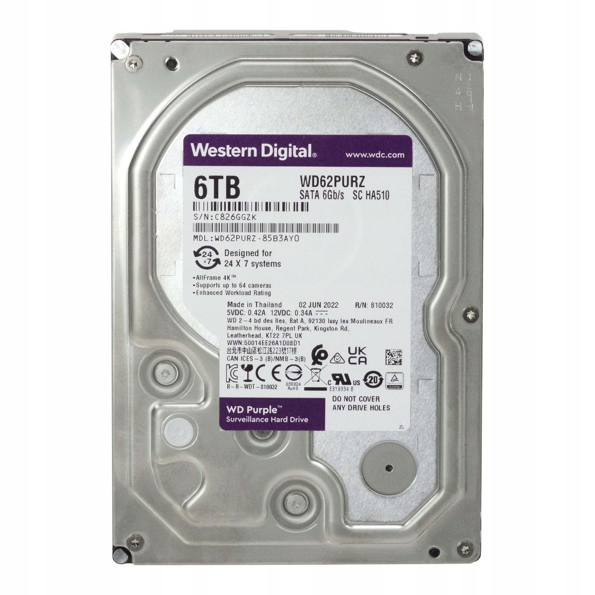 Wd Purple 6TB 5.7K 128MB Sata III 3.5'' WD62PURZ Sc HA510