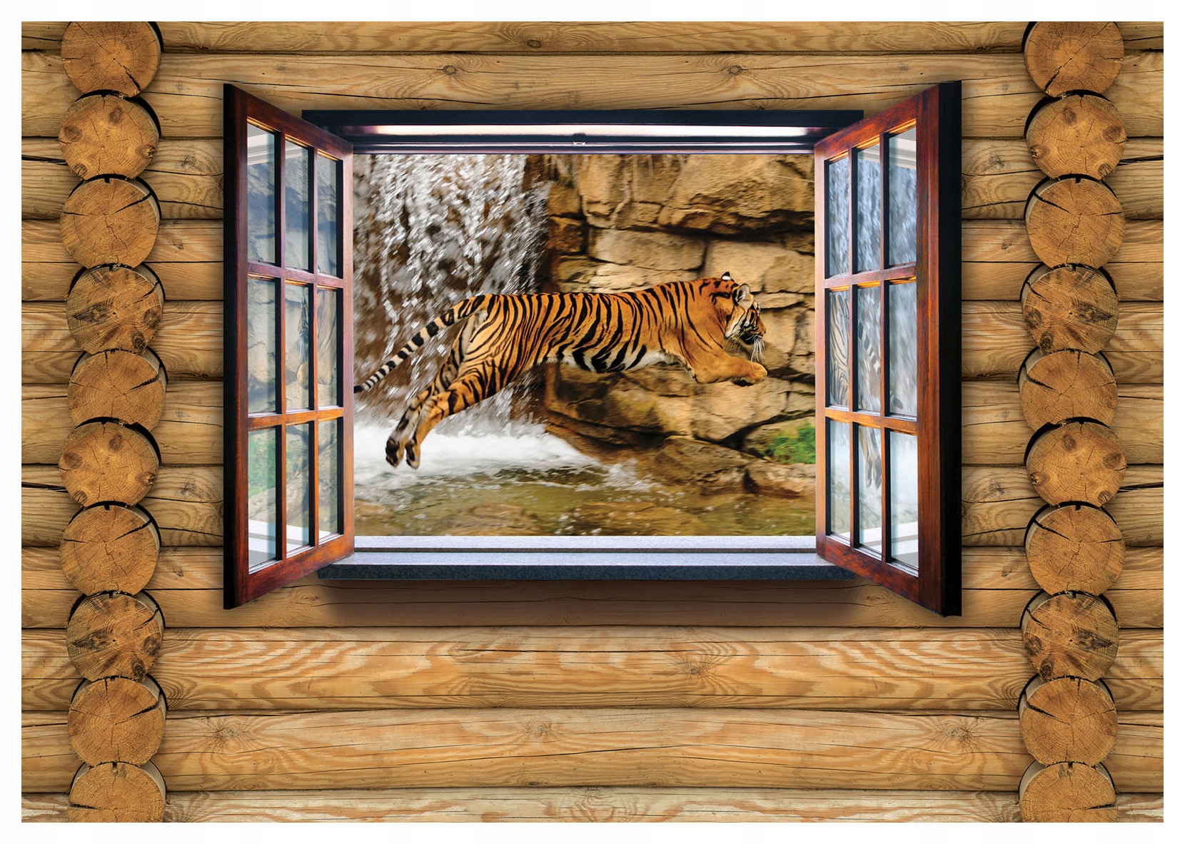 Vliesová fototapeta Tygr v okně vodopád chata džungle 368x254 lepidlo