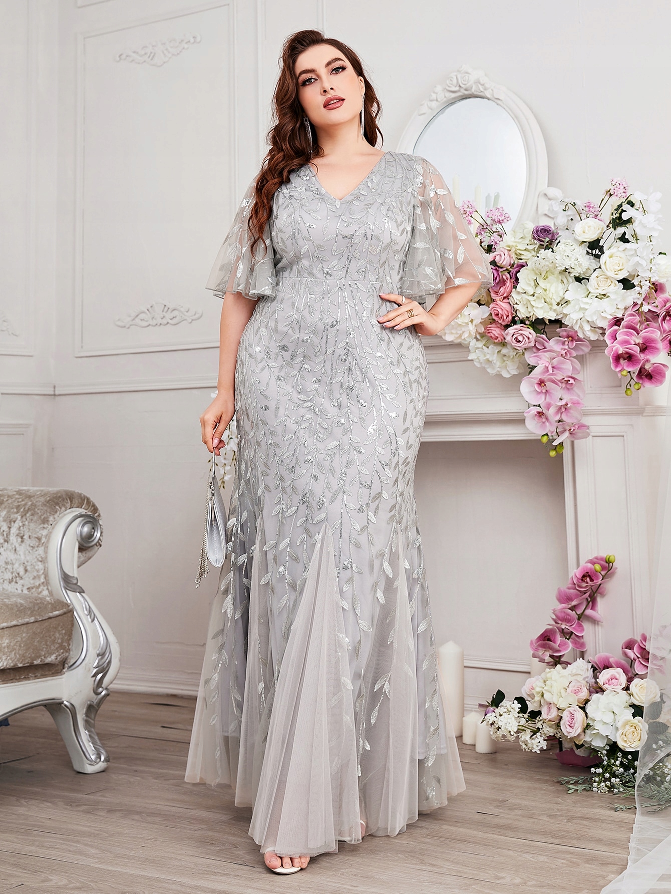 SUKIENKA CEKINOWA SYRENA W ROŚLINNY WZÓR MAXI SZARA SHEIN 2XL Marka Shein