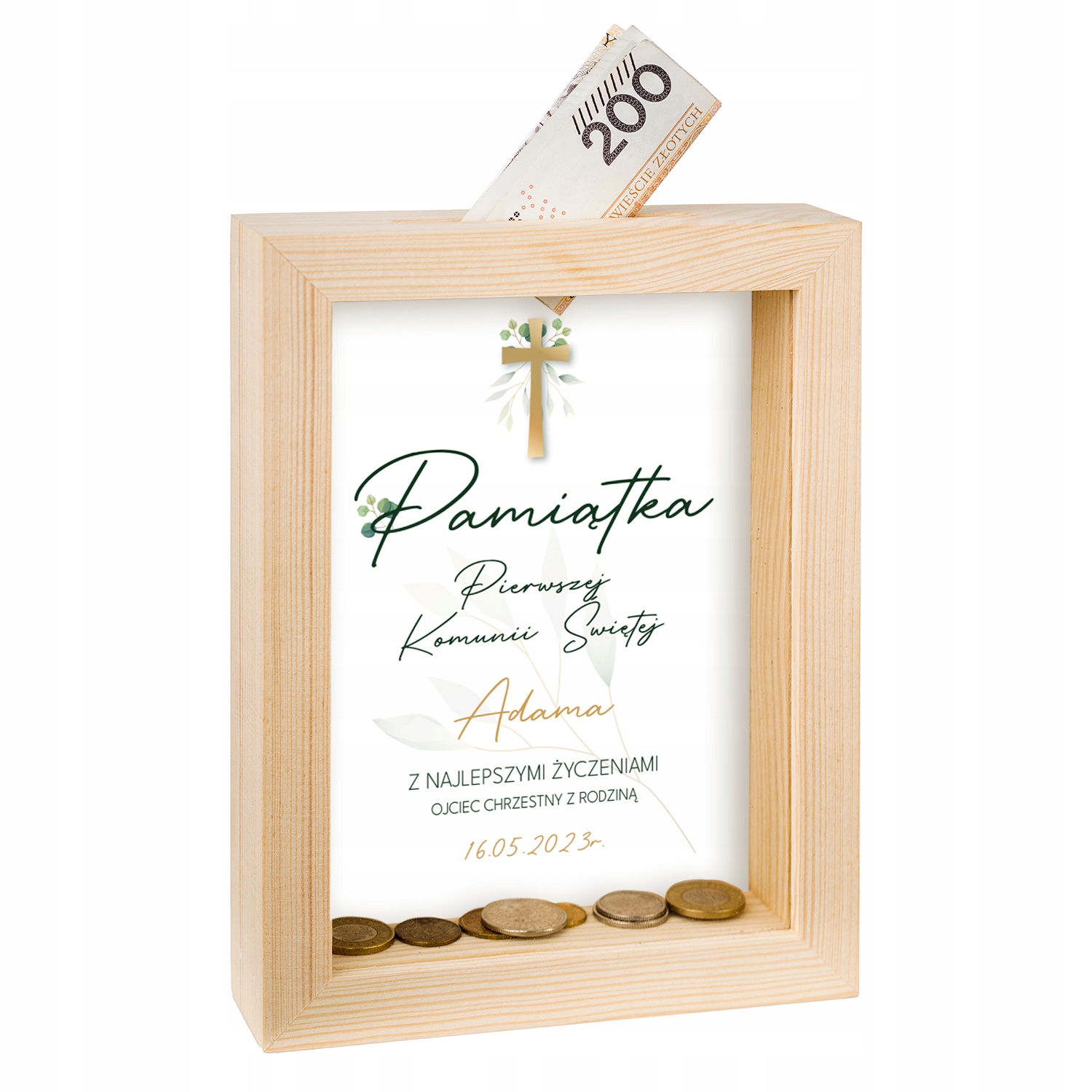 PAMIĄTKA PIERWSZEJ KOMUNII ŚWIĘTEJ SKARBONKA DREWNIANA PREZENT NA KOMUNIĘ Marka inna marka