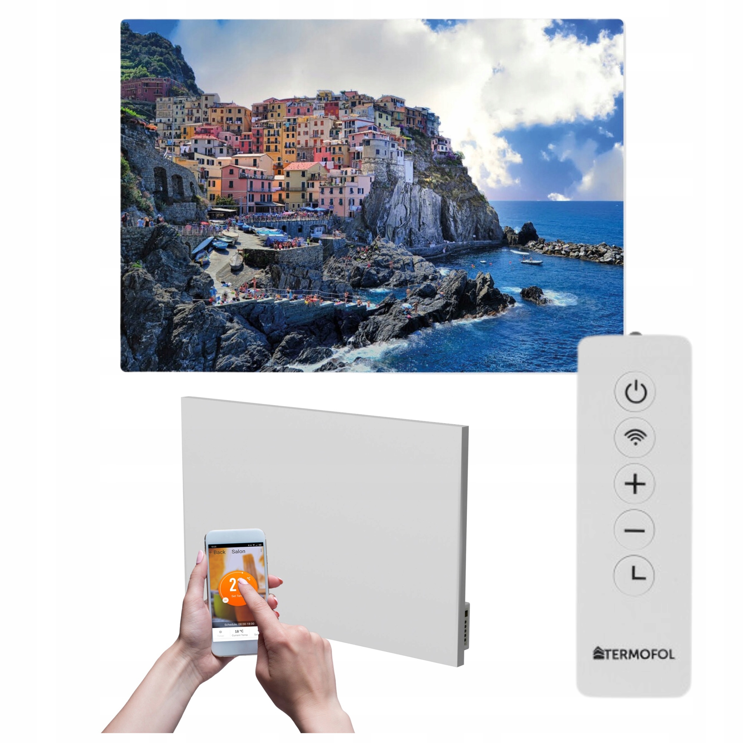 Infračervený ohrievač obraz more mesto hory 500 W 85x60 cm WiFi