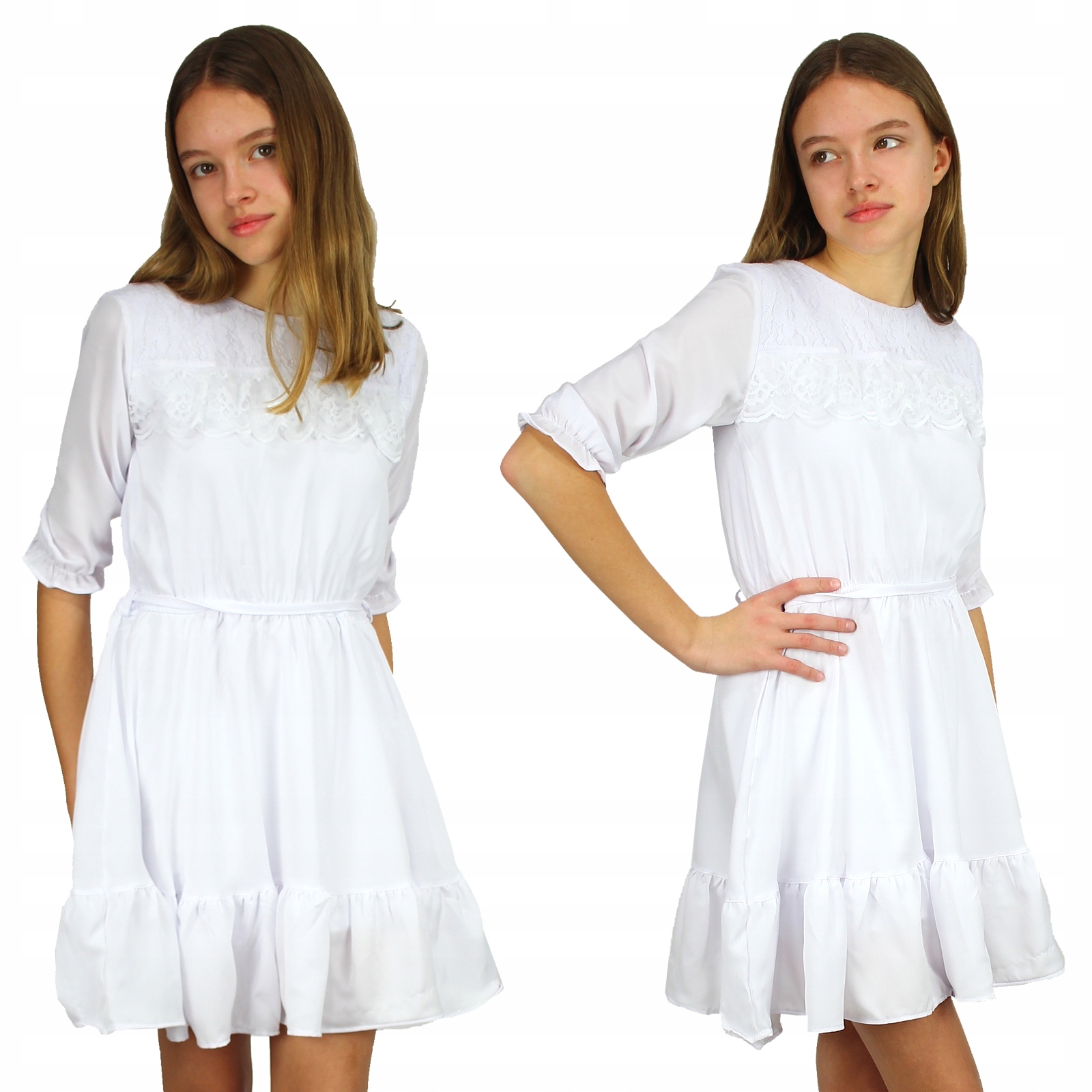 Sukienka BIAŁA Komunia KORONKA Z Falbanką 164 Rozmiar (new) 164 (159 - 164 cm)