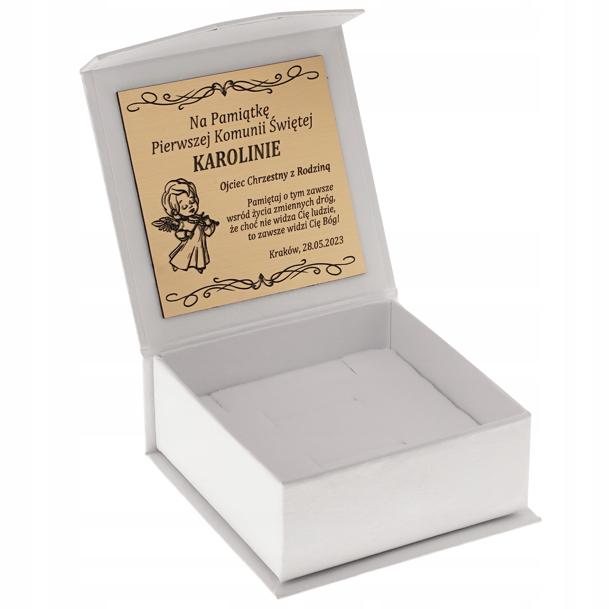 PAMIĄTKA PIERWSZEJ KOMUNII ŚWIĘTEJ PUDEŁKO Z GRAWEREM / DEDYKACJĄ BIAŁE Stan opakowania oryginalne