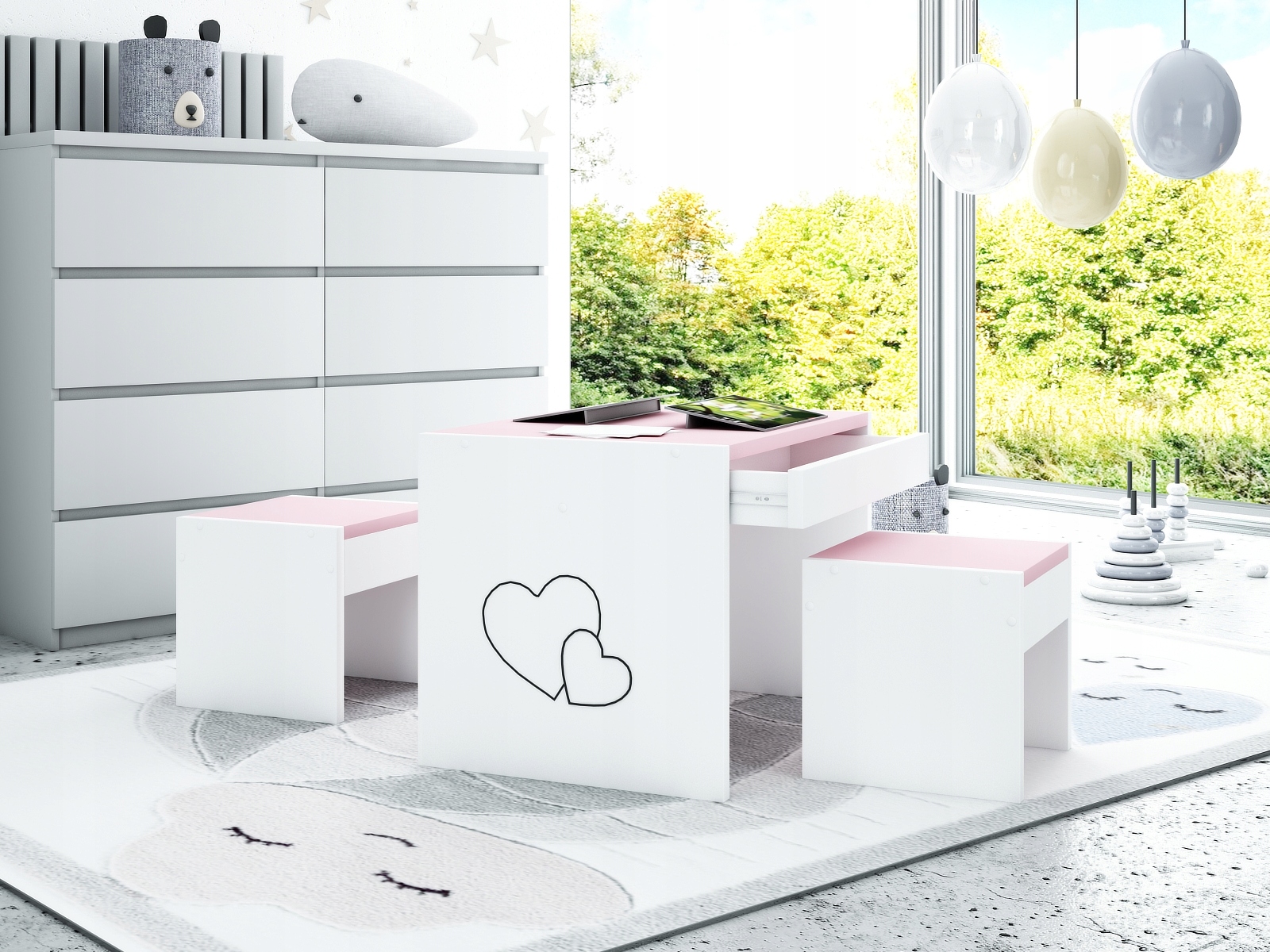 KRZESEŁKO I STOLIK Z SZUFLADĄ RÓŻNE KOLORY Wysokość stołu 43 cm