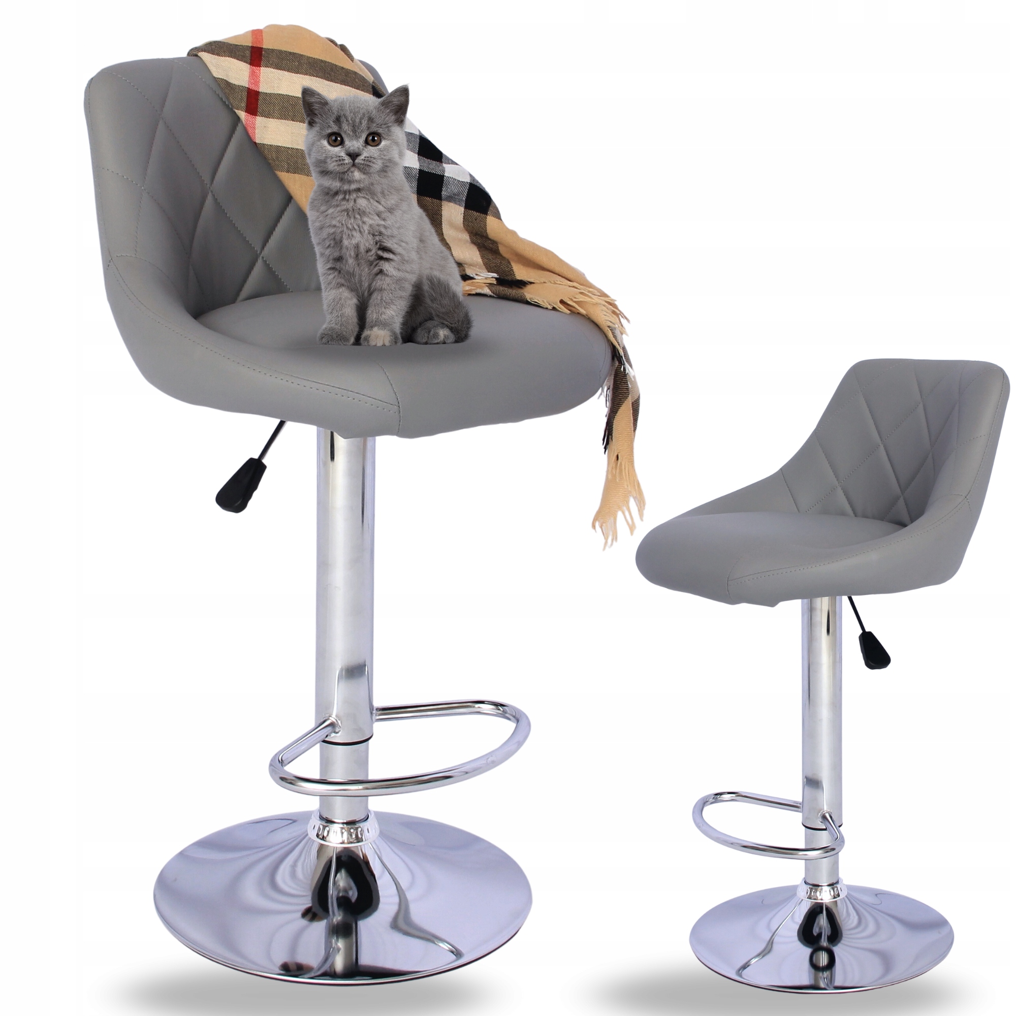 2x Hokery Krzesła Barowe Skóra Pikowane Skóra Ekologiczna Szare Regulowane