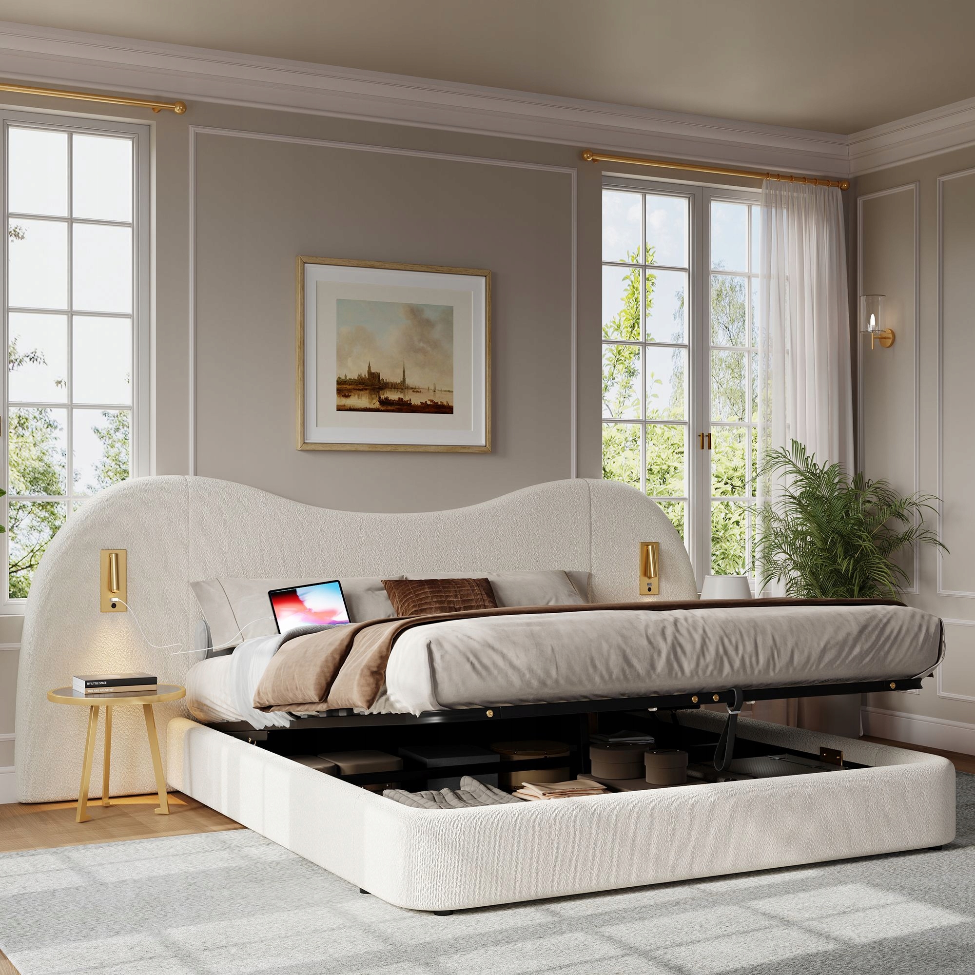 Čalouněná hydraulická postel Jednolůžko 180 x 200 cm Bílá samet