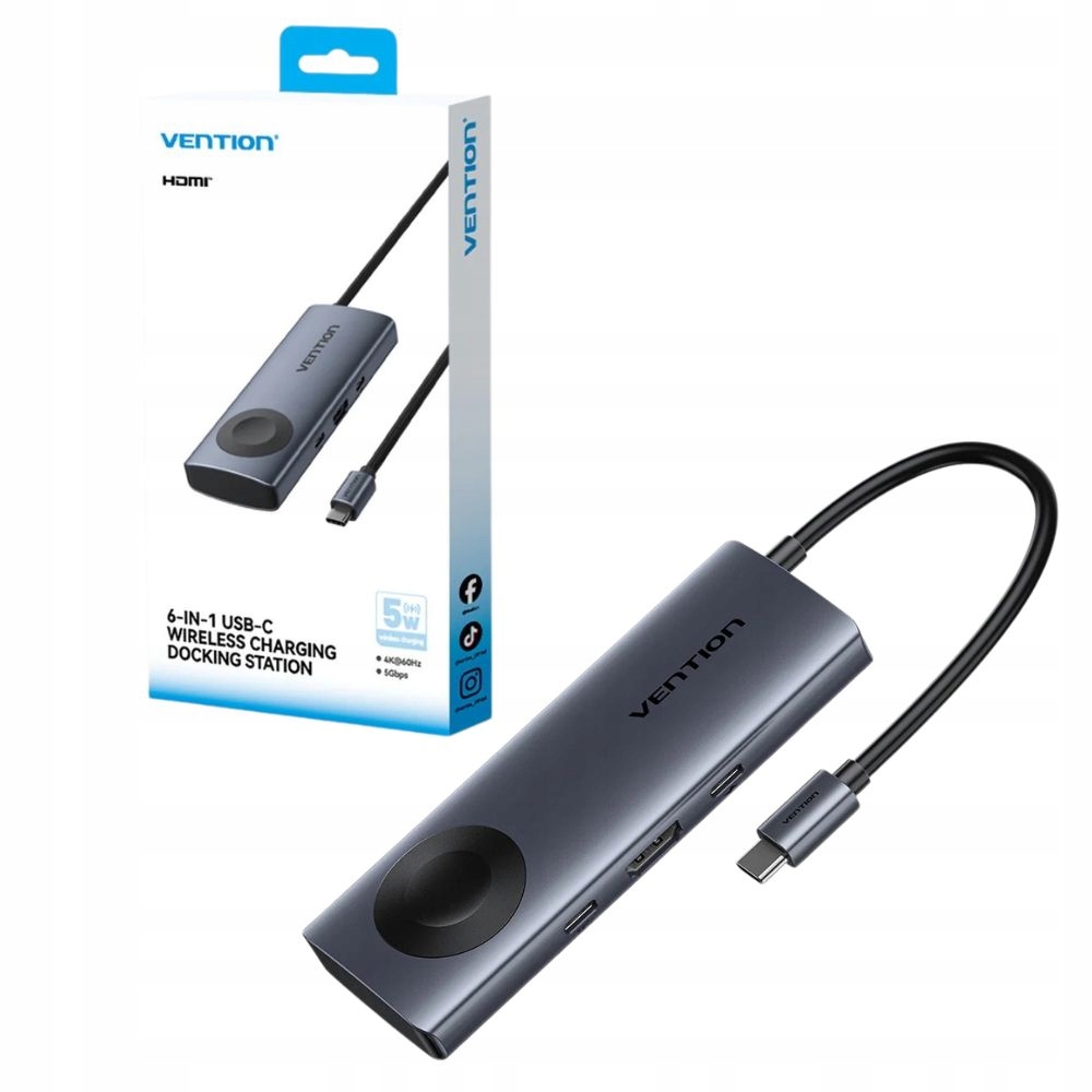 Stacja dokująca Vention 6w1 Usb-c, Hdmi 4K 60Hz, Pd 100W, ładowanie Qi