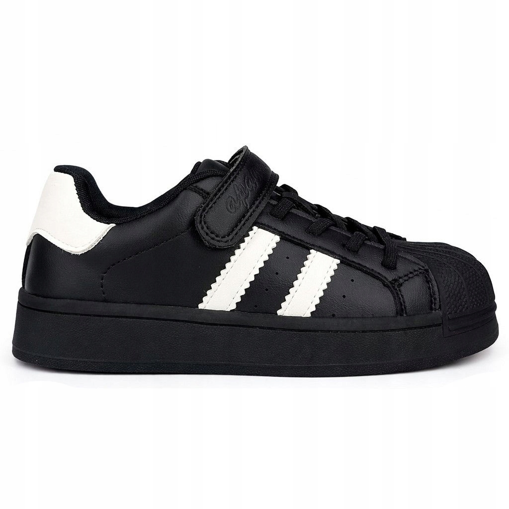 Buty Dziecięce Skórzane Sneakersy Czarne Klasyczne Z Paskami 36