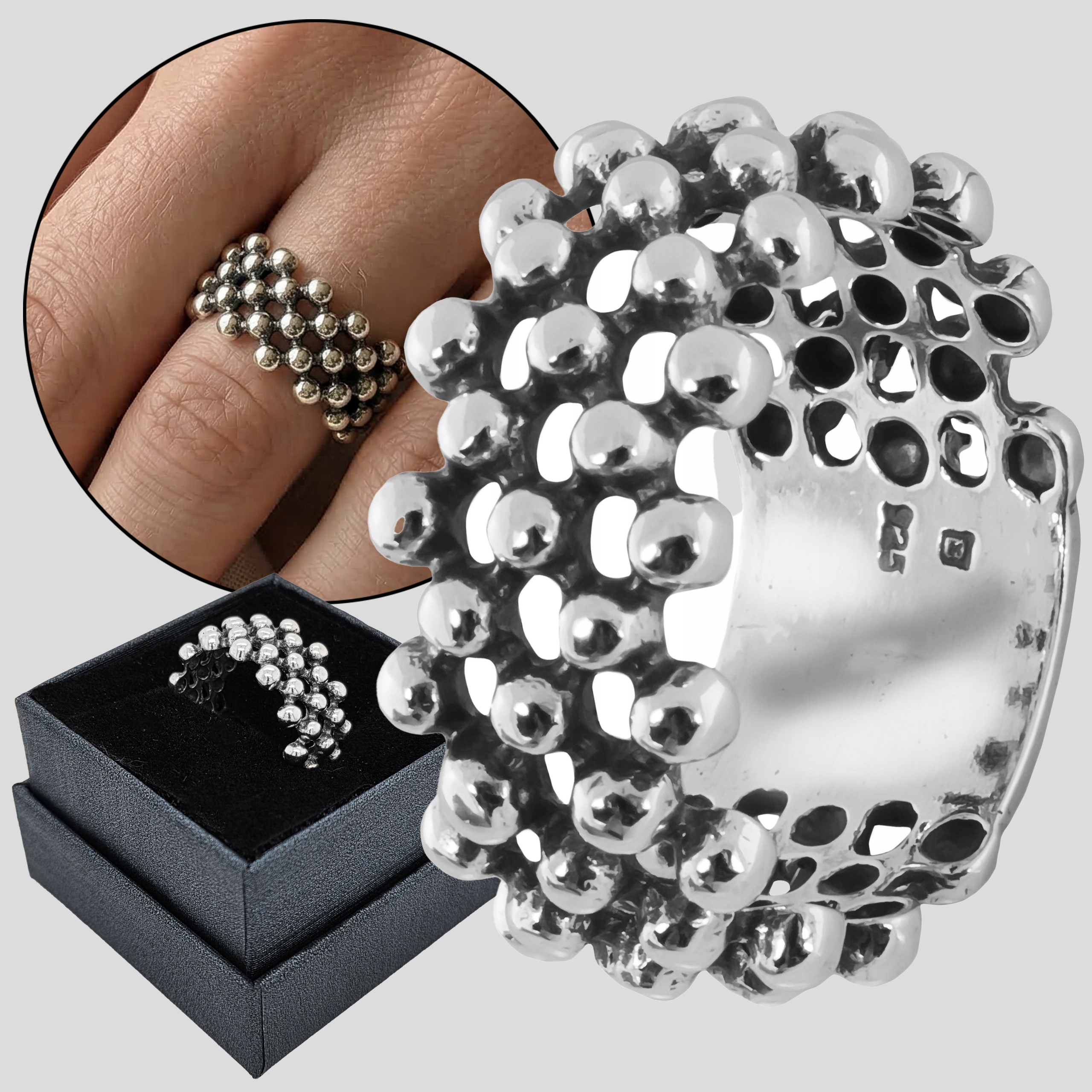 Prstýnek stříbro 925 Designový prsten s kuličkami Široký vel. 21