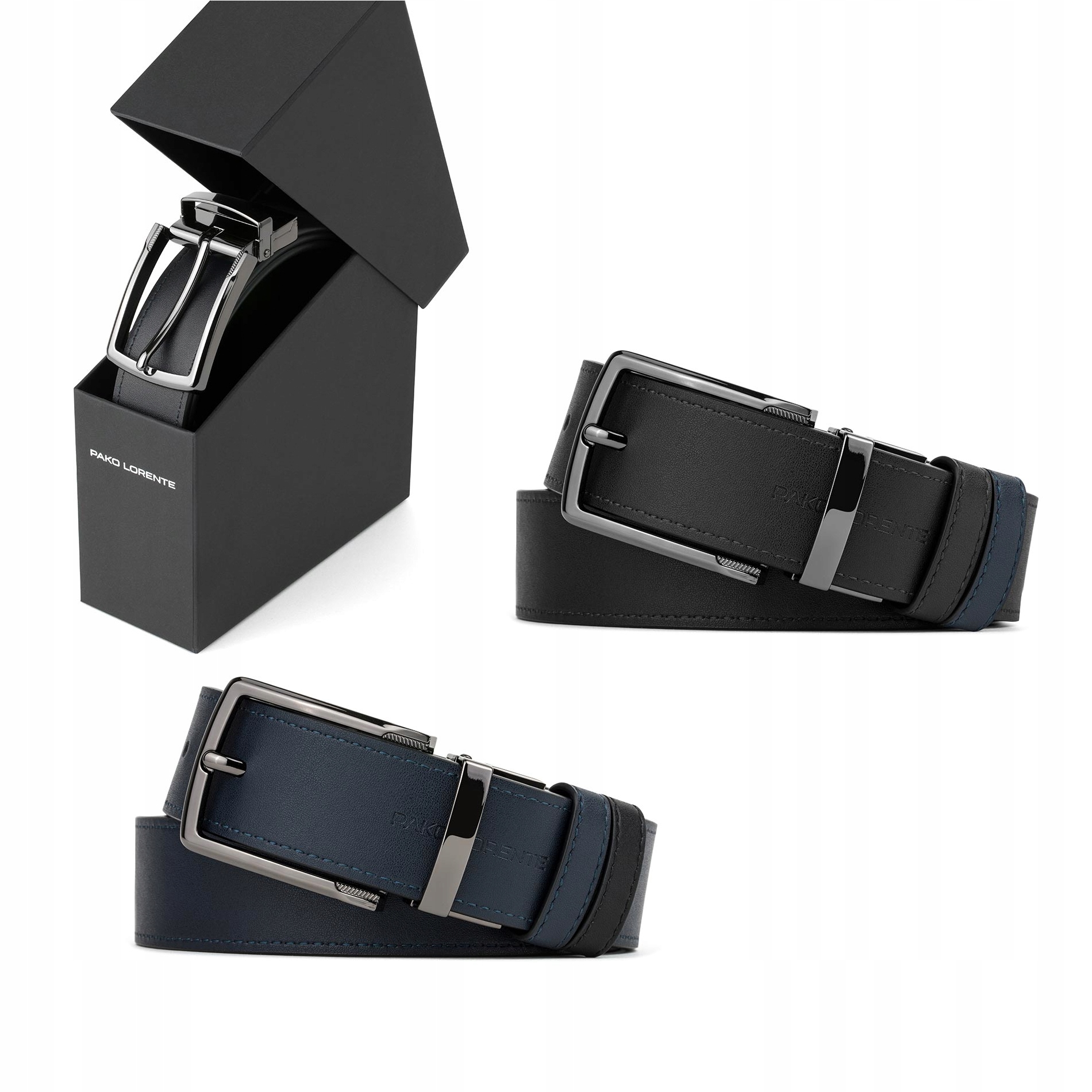 Pánský oboustranný kožený pásek Tmavě modrý, černý Pako Lorente krabička 85 cm
