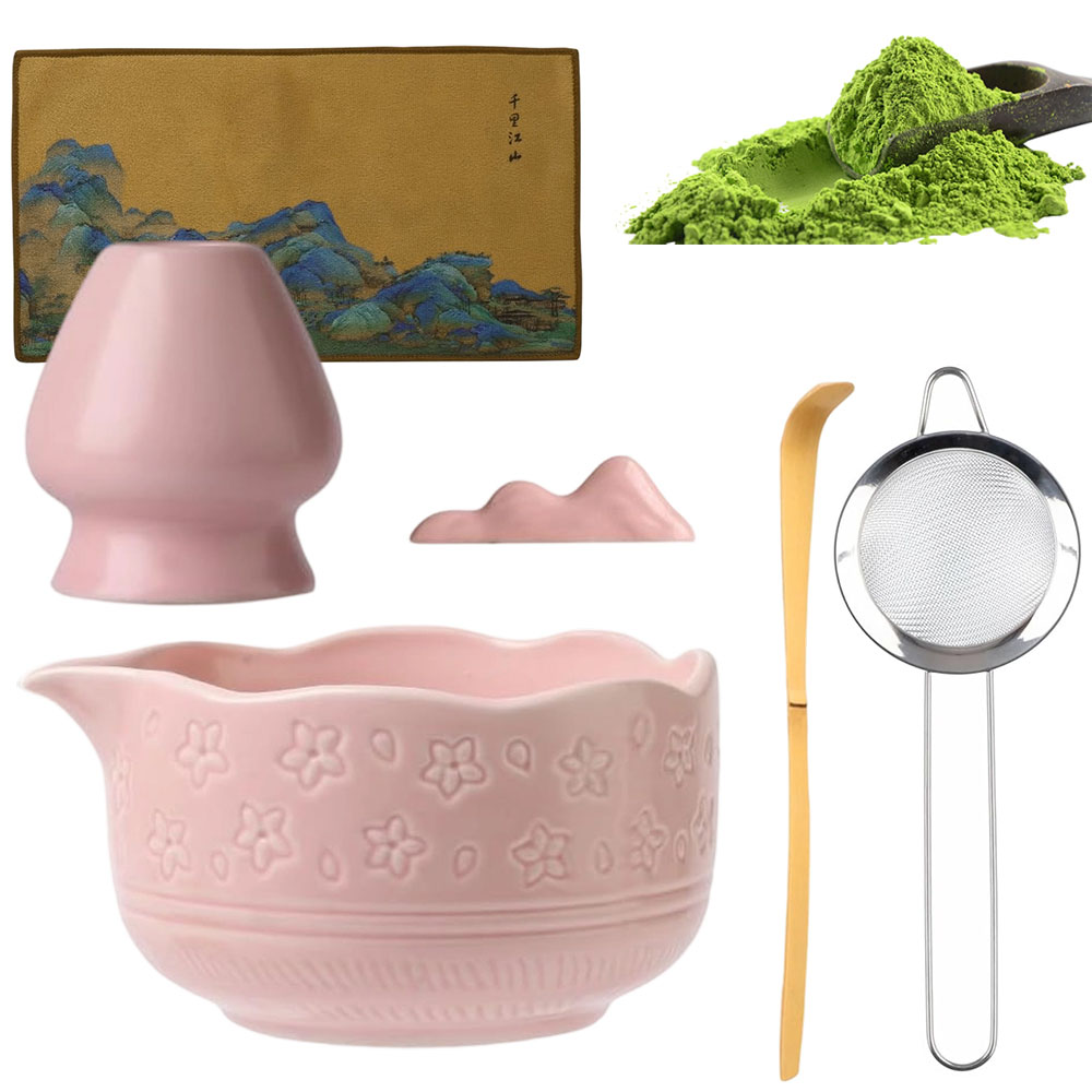 Levně Dárková Sada Na Čaj Matcha Šálek Metlička Podstavec Lžička 7ks