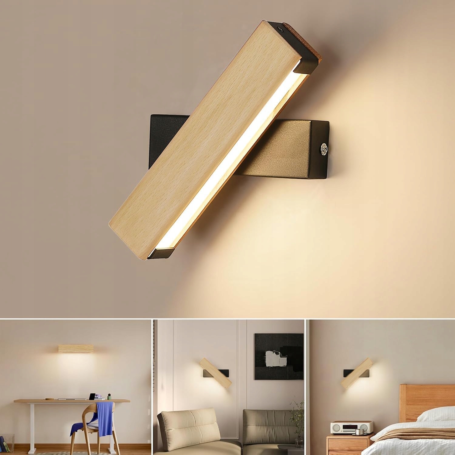 Dřevěná nástěnná lampa obdélníková 4W 3000K přírodní černá 21x5x8 cm