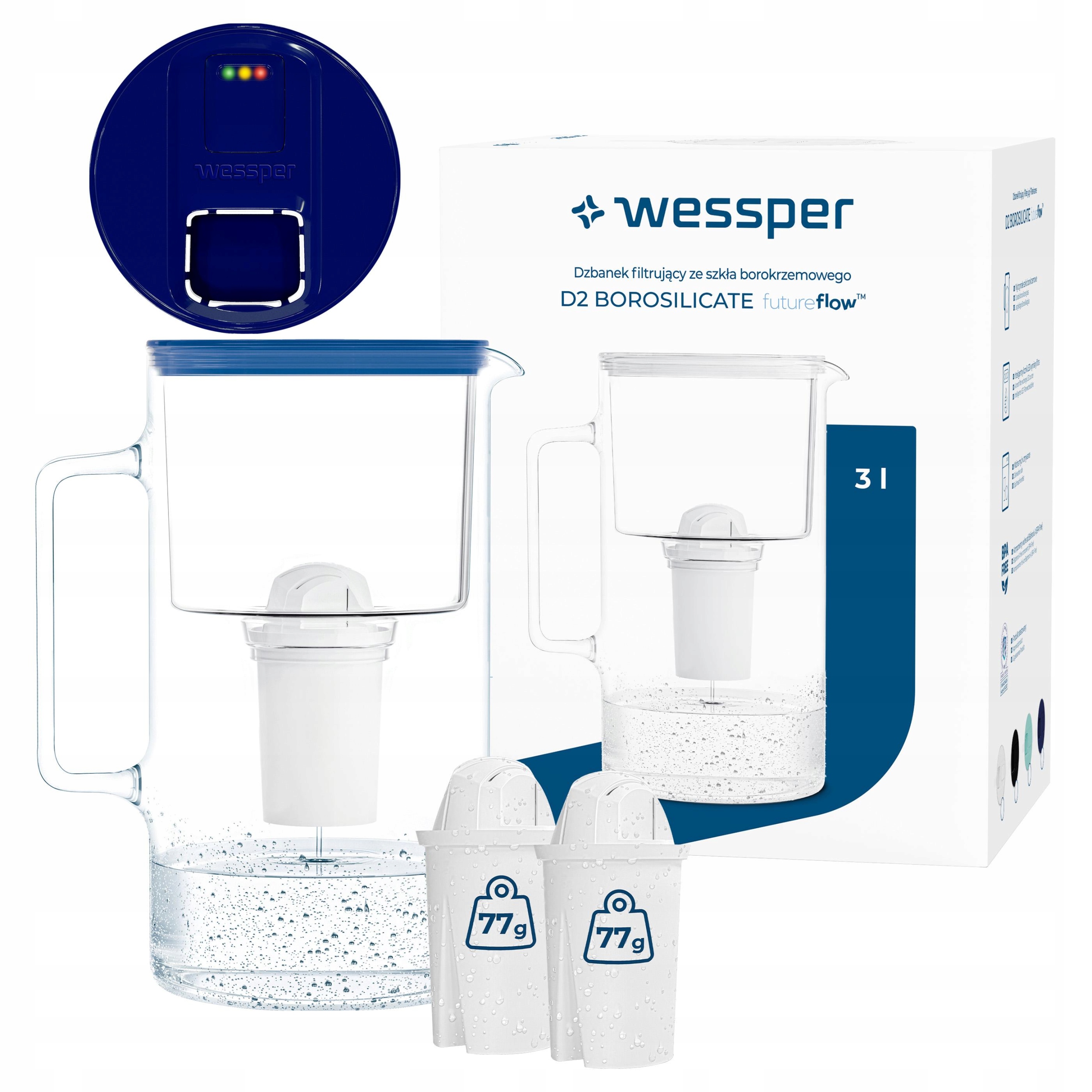 Skleněná filtrační konvice Wessper D2 Borosilicate Ff 3 l Led 3 x filtr