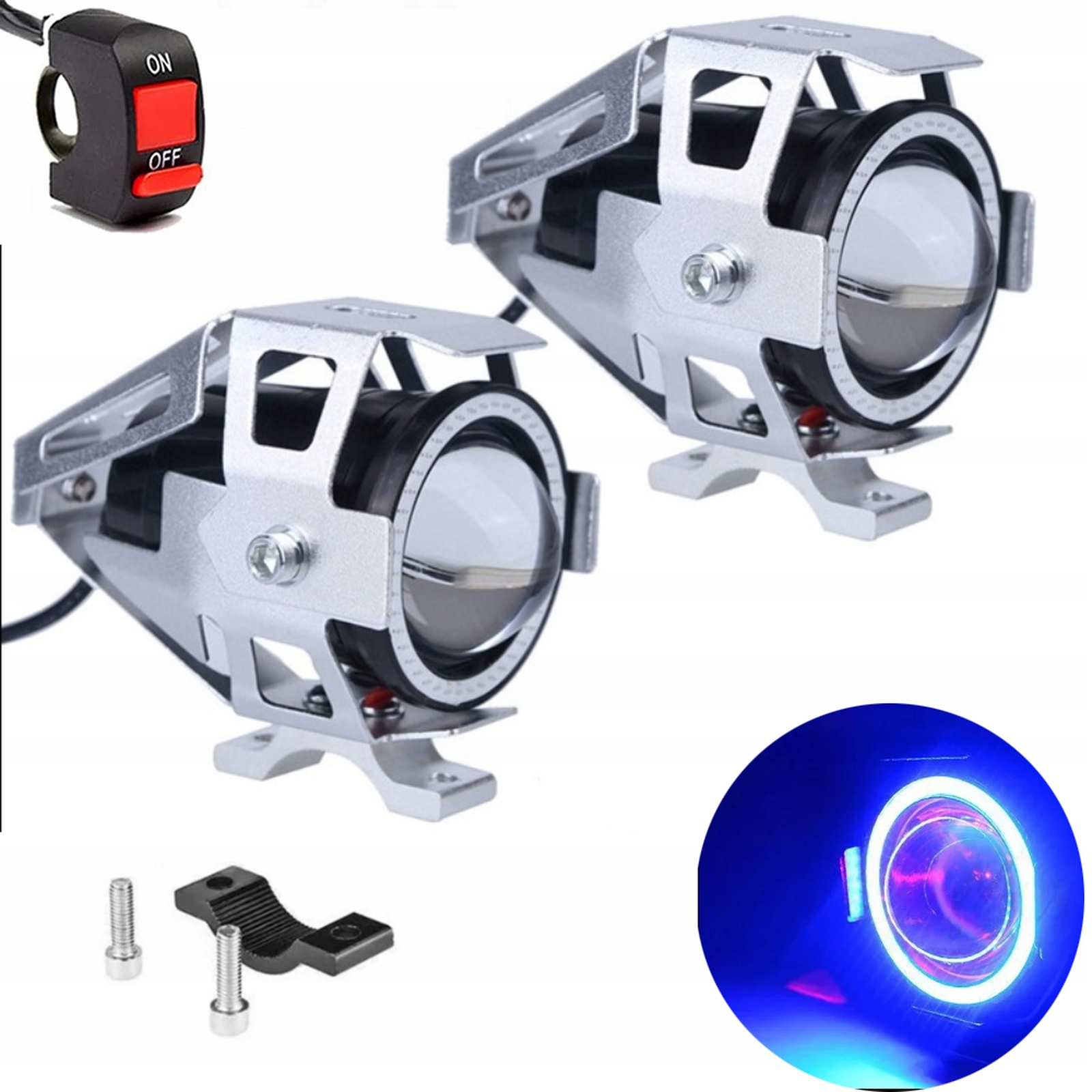 Halogeny motocyklowe Ring Led lampy reflektory U7 Srebnre Niebieskie Ringi