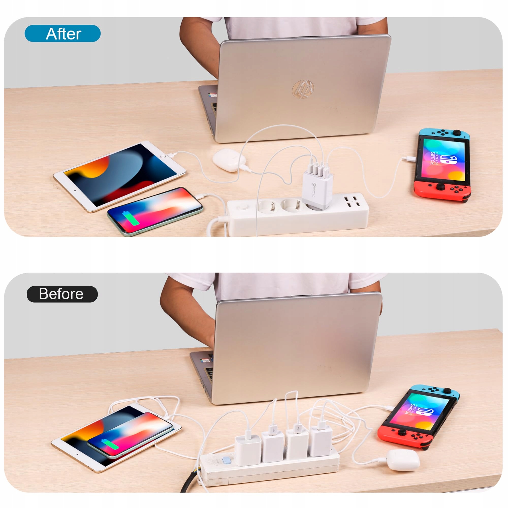 Mijun Zestaw 2 Ładowarek USB 4-Portowy Adapter QC 3.0 33W do iPhone Android — miniatura 5