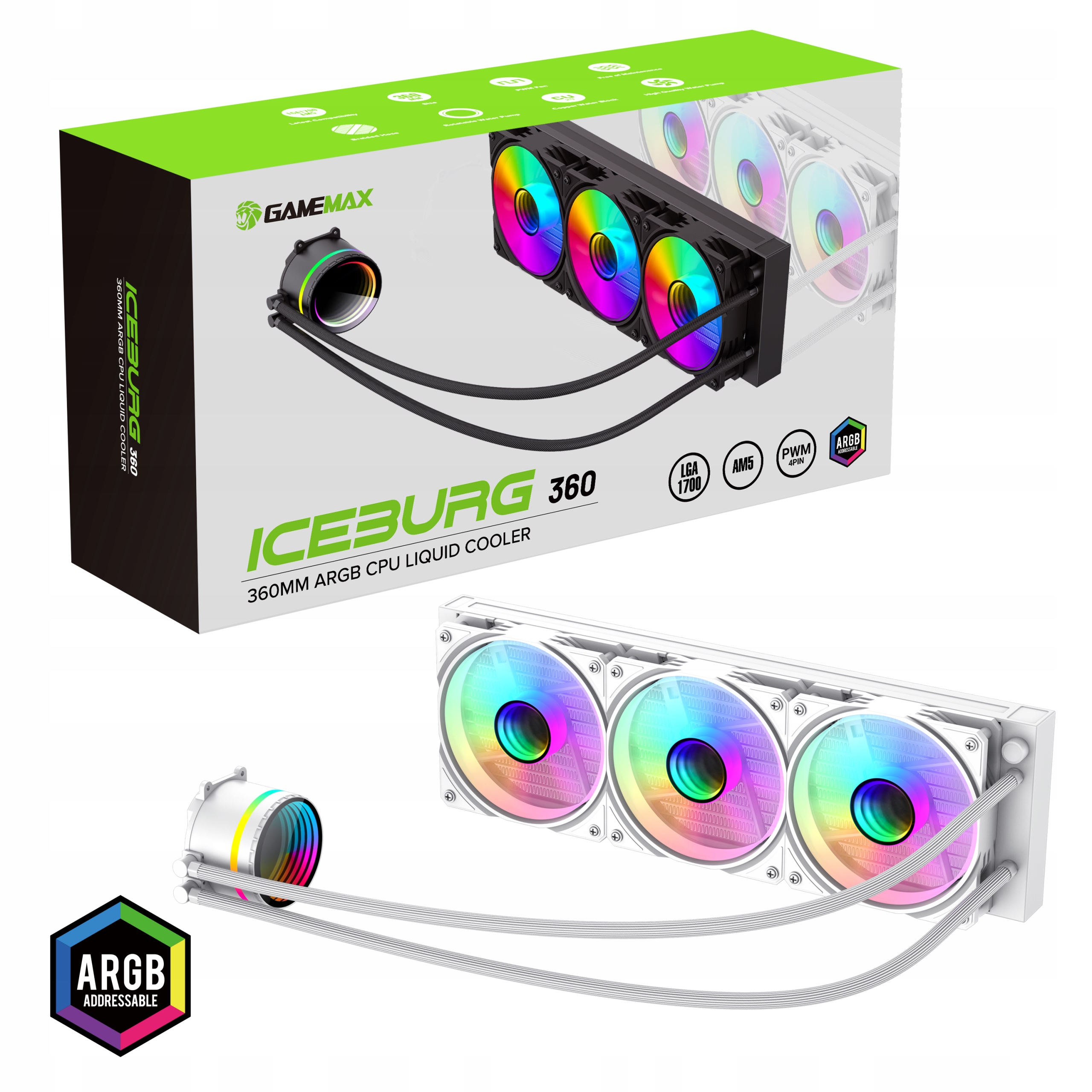 360mm Argb kvapalinové chladenie Cpu, biela, GameMax Iceburg 360 Infinity