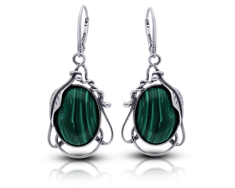 Stříbrné náušnice visací se zeleným malachitem Ag 925