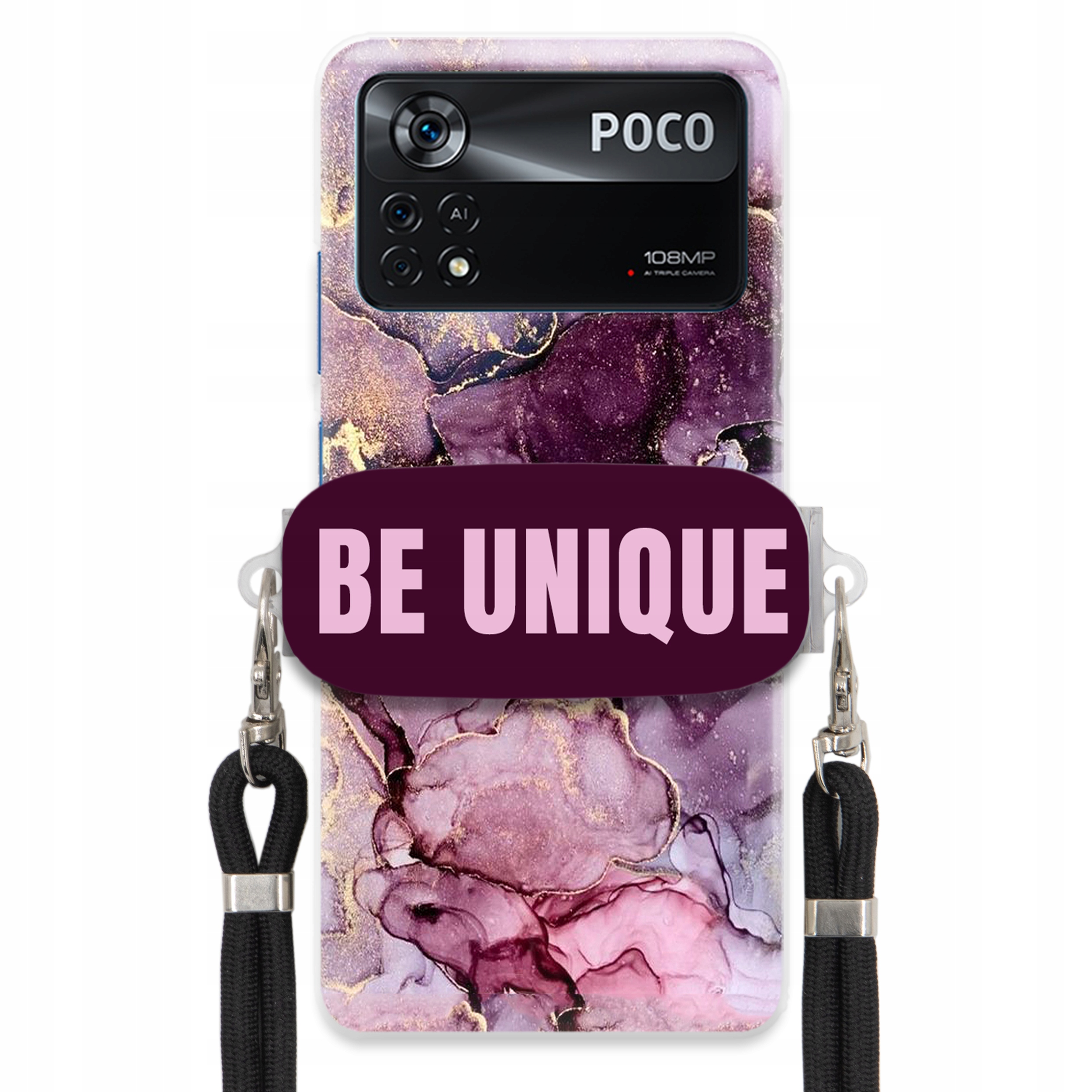 Puzdro pre Xiaomi Poco X4 Pro 5G Úchyt Šnúrka čierna Unique Fialová Mramor