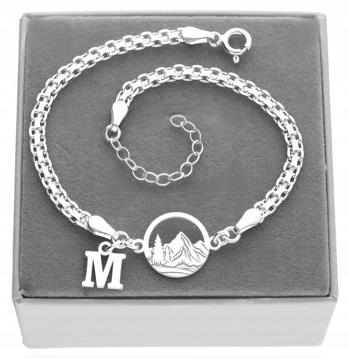 Stříbrný náramek horské písmenko s horami stříbro 925 17 cm Gravírování