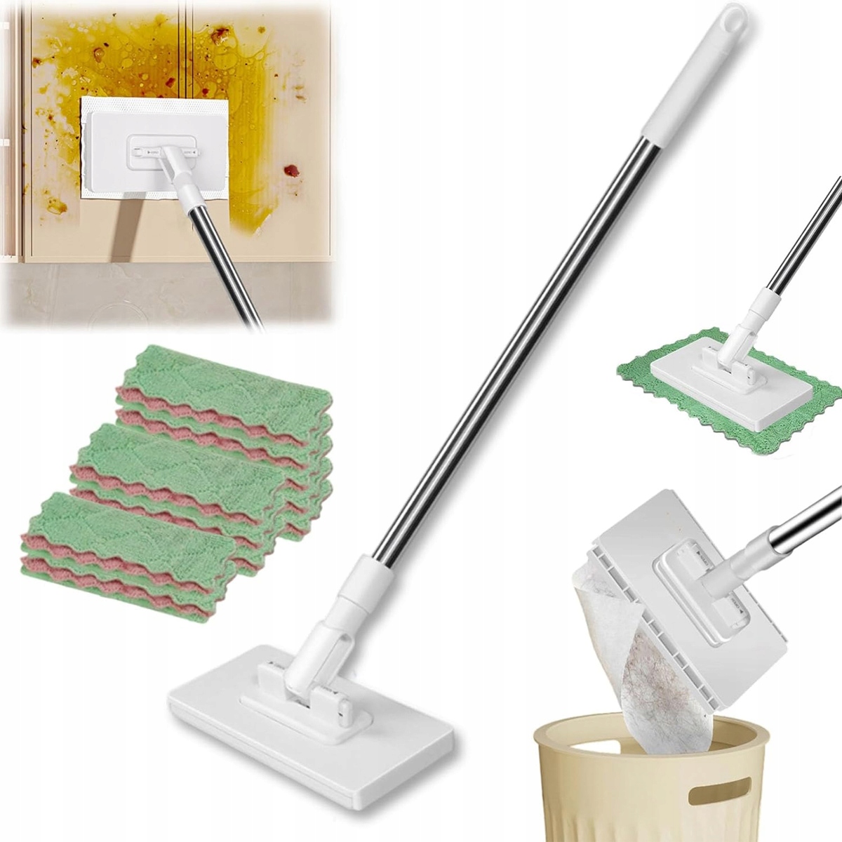 Levně Plochý mop na podlahu se 4 utěrkami z Mikrovlákna na prach, sada
