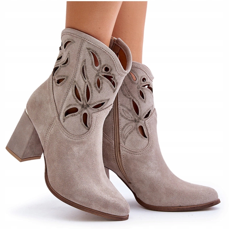 Kotníkové Boty Ažurové Podpatek Sloupek Špičatý Semiš Lewski 3629 Cappucino 41