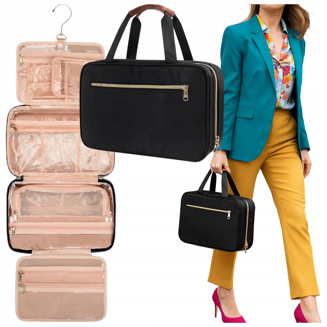 Kosmetická taška kufřík pro ženy, voděodolný organizér s držadlem