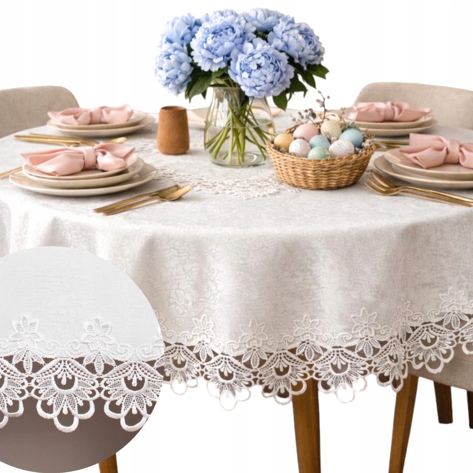 Ubrus na Kulatý stůl Světový odolný vůči skvrnám, Bílý, krajkový, 200x200, Kolo