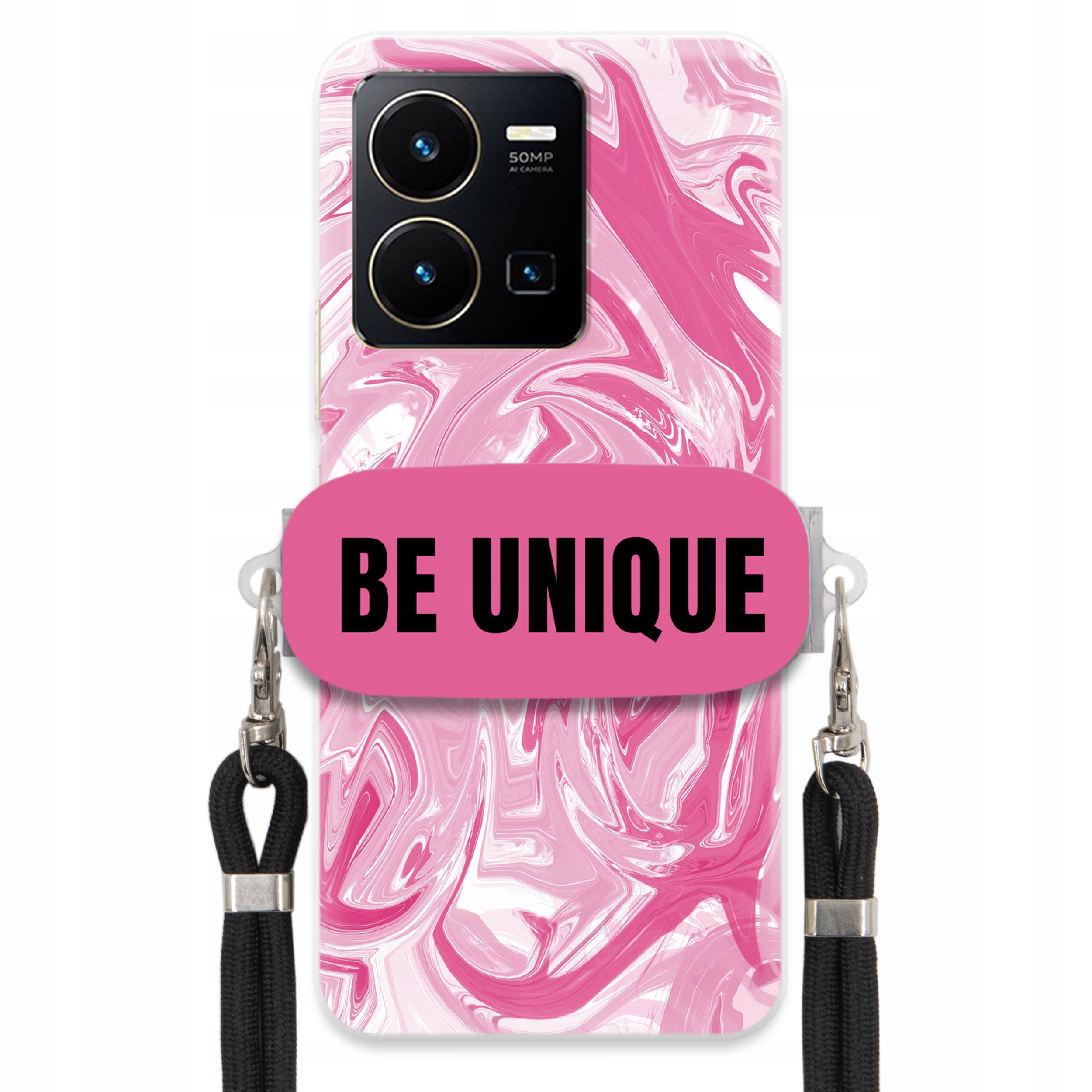 pouzdro na Vivo Y35 4G Case Uchyt Šňůrka Černý Růžový Mramor Be Unique