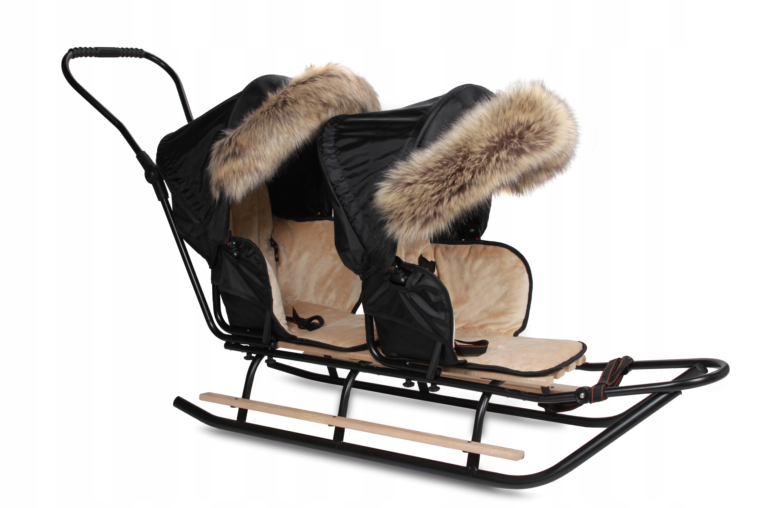 Poliruota SANKI DUO TANDEM šilta sėdynė BOOTH su kailiu + STUMTUVAS