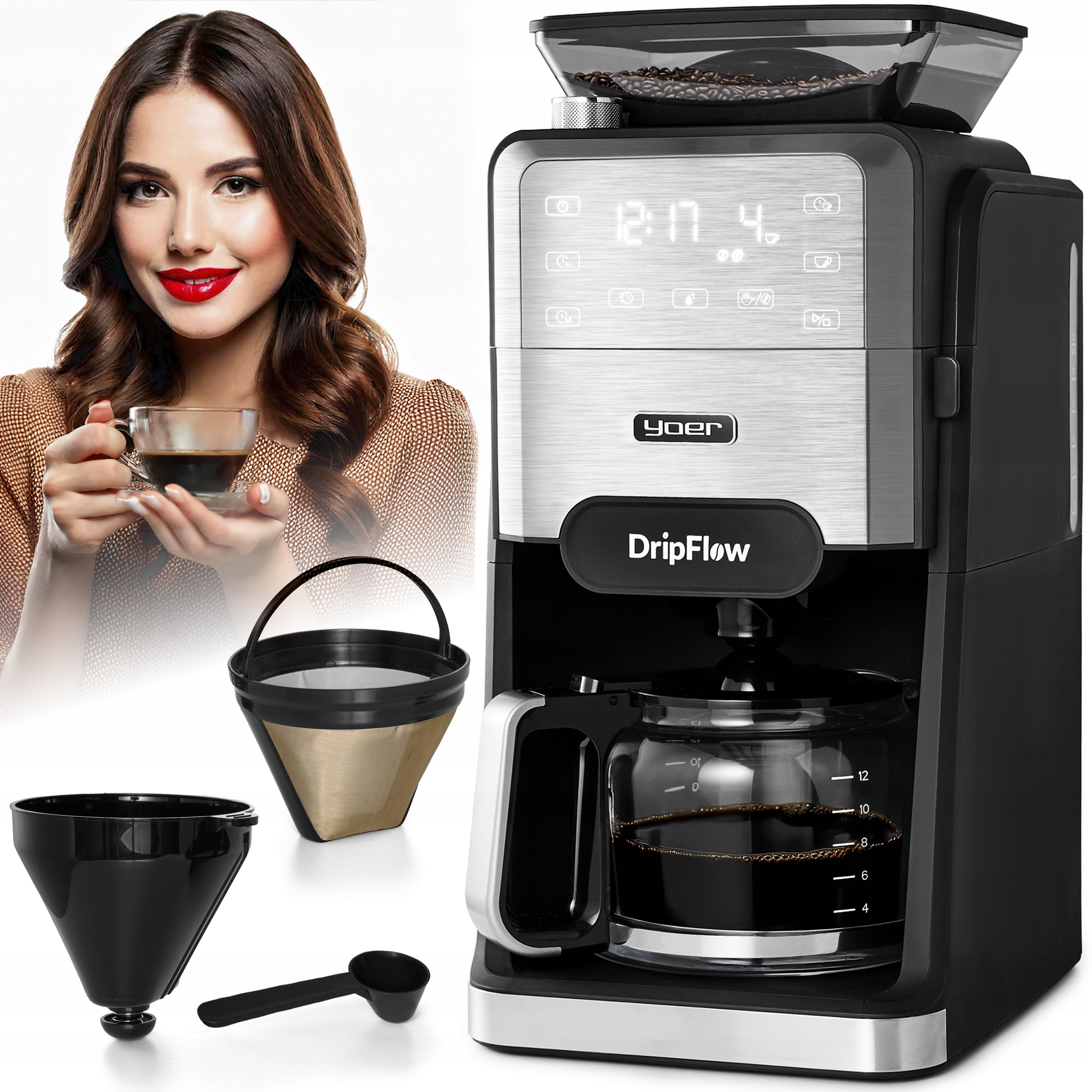 Ekspres przelewowy do kawy z Młynkiem żarnowym Yoer 1520W 1,5L +Programator