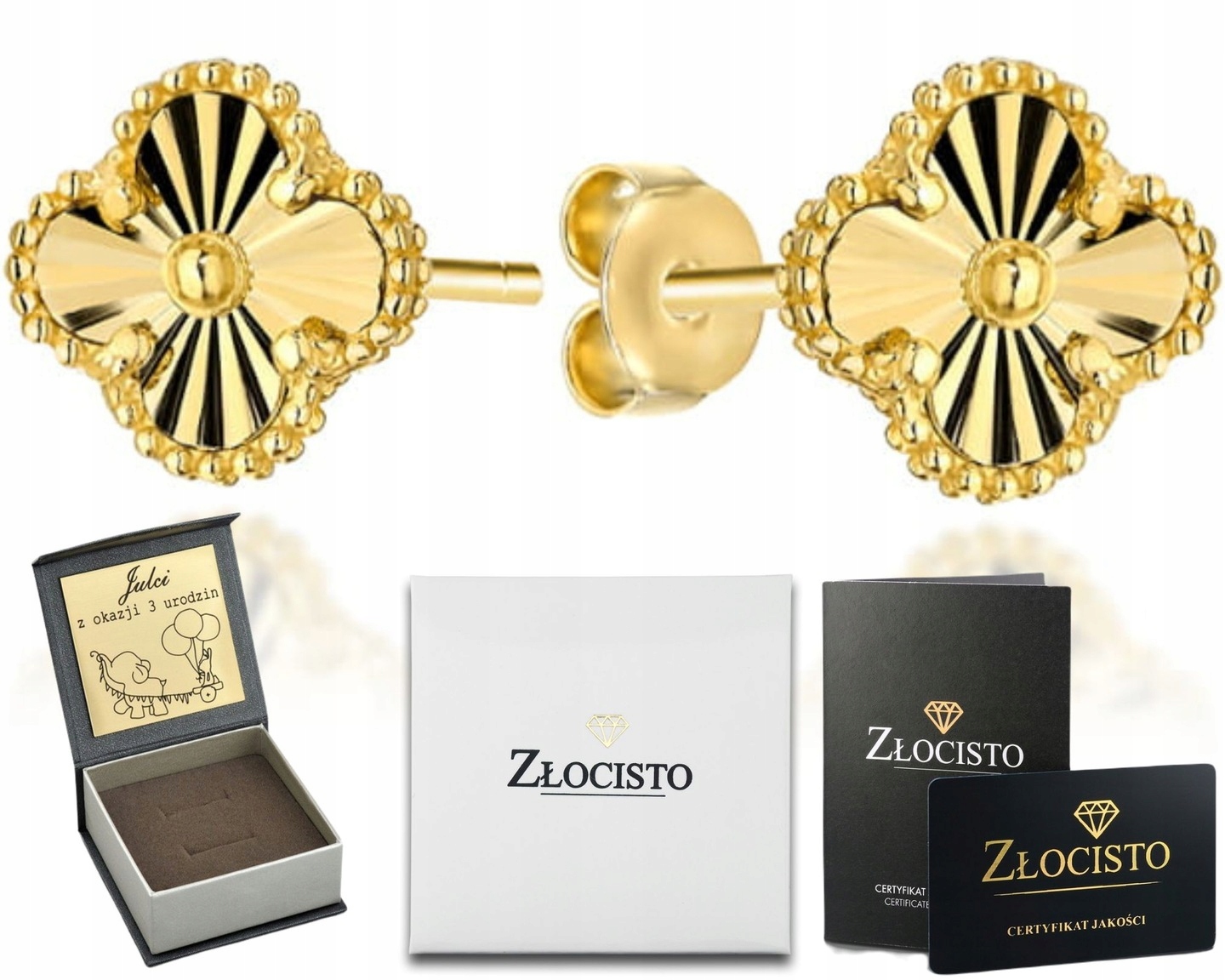 Dámské zlaté Náušnice 585 s diamantem a Čtyřlístek 8 mm, elegantní Dárek