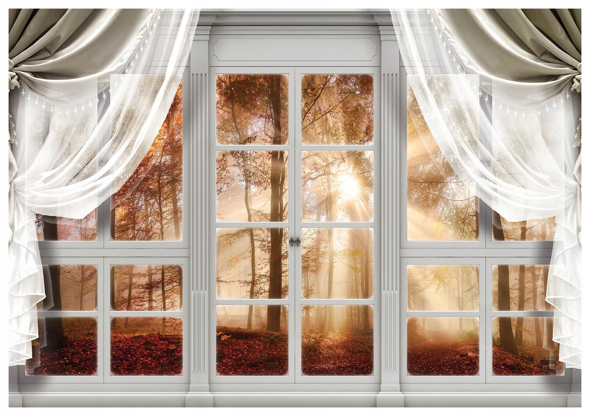 Vliesová fototapeta Podzimní les přes okno se sluncem 208x146 lepidlo