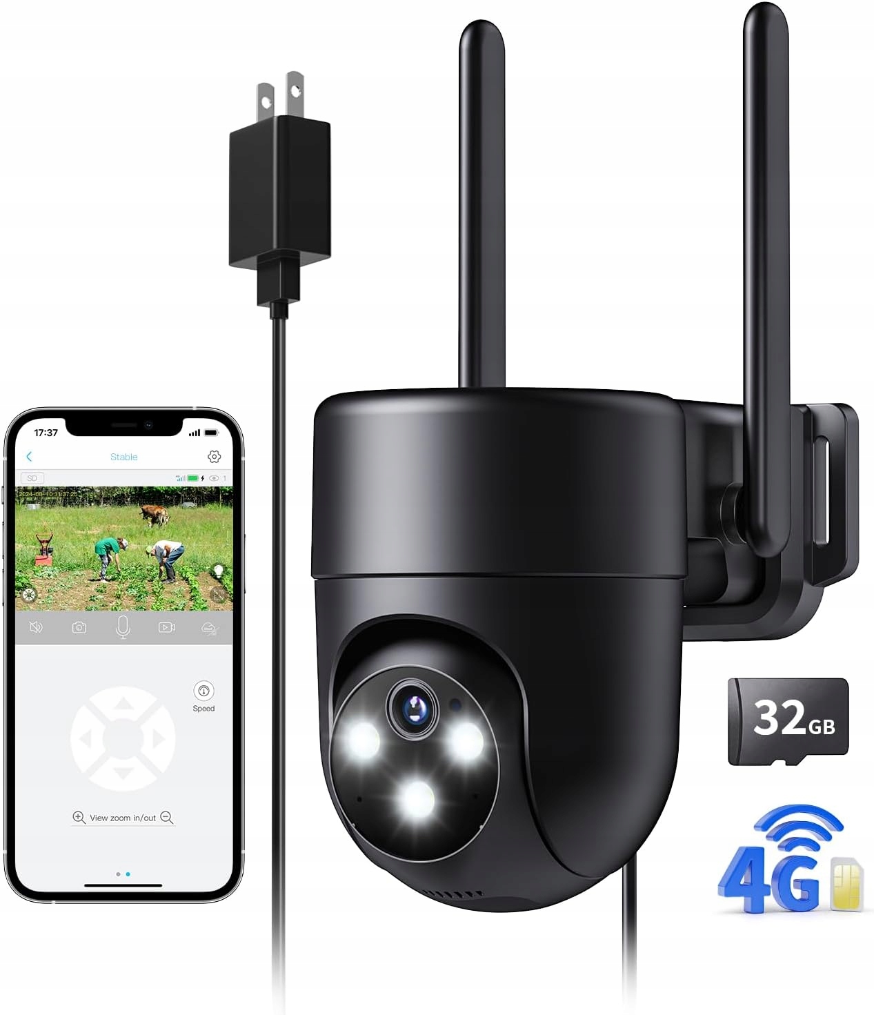 Nuasi Venkovní kamera 4G Lte 2K Ptz 360° Sim Ai Audio IP66 32GB Černá